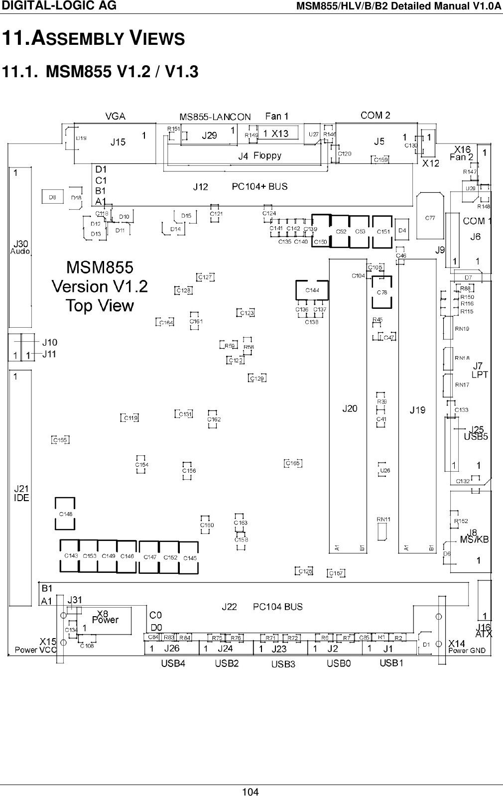 DIGITAL-LOGIC AG    MSM855/HLV/B/B2 Detailed Manual V1.0A    104 11. ASSEMBLY VIEWS 11.1.  MSM855 V1.2 / V1.3    