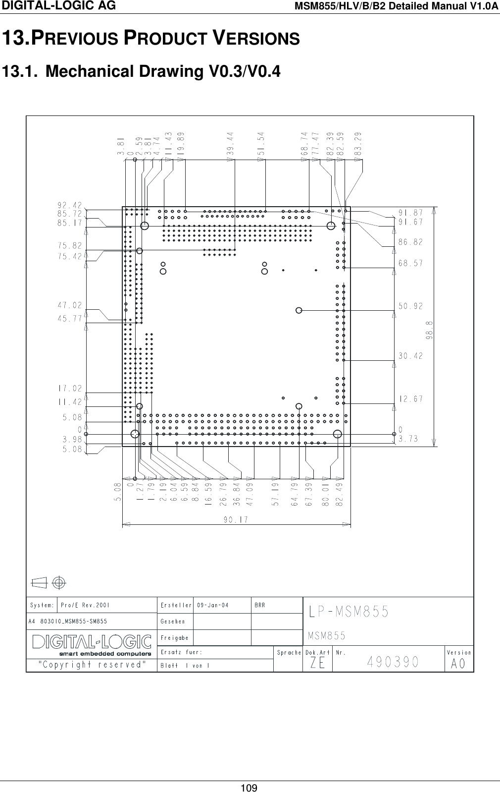 DIGITAL-LOGIC AG    MSM855/HLV/B/B2 Detailed Manual V1.0A    109 13. PREVIOUS PRODUCT VERSIONS 13.1.  Mechanical Drawing V0.3/V0.4    