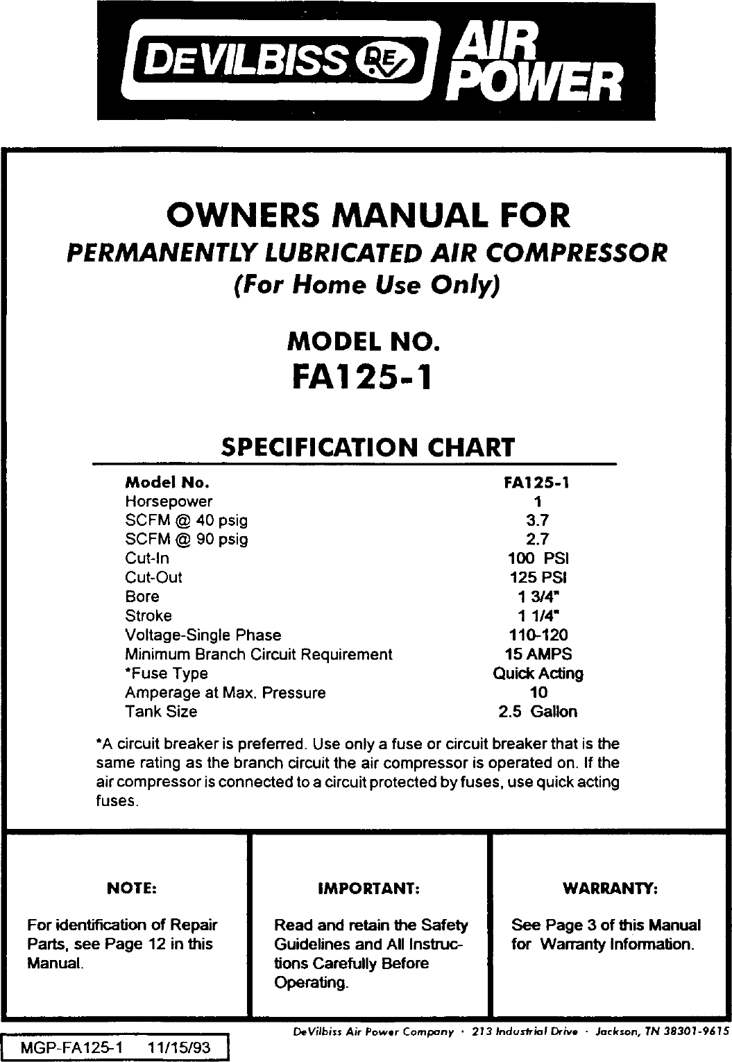 Page 1 of 12 - DEVILBISS  Air Compressor Manual L0304229