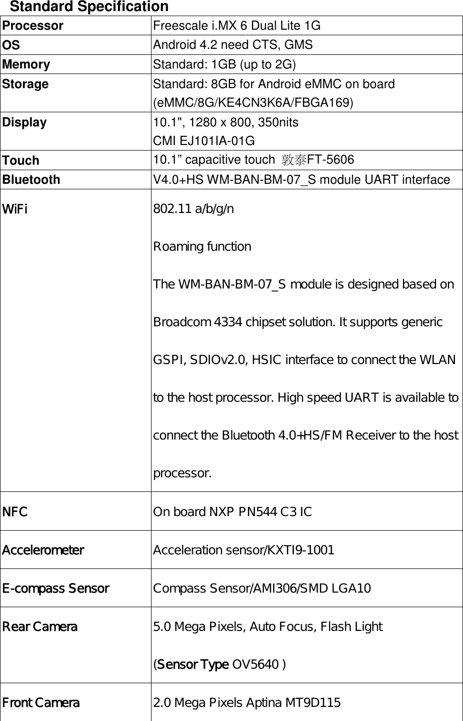 Standard SpecificationProcessor Freescale i.MX 6 Dual Lite 1GOS Android 4.2 need CTS, GMSMemory Standard: 1GB (up to 2G)Storage Standard: 8GB for Android eMMC on board(eMMC/8G/KE4CN3K6A/FBGA169)Display 10.1", 1280 x 800, 350nitsCMI EJ101IA-01GTouch 10.1&rdquo; capacitive touch 敦泰FT-5606Bluetooth V4.0+HS WM-BAN-BM-07_S module UART interfaceWiFi 802.11 a/b/g/nRoaming functionThe WM-BAN-BM-07_S module is designed based onBroadcom 4334 chipset solution. It supports genericGSPI, SDIOv2.0, HSIC interface to connect the WLANto the host processor. High speed UART is available toconnect the Bluetooth 4.0+HS/FM Receiver to the hostprocessor.NFC On board NXP PN544 C3 ICAccelerometer Acceleration sensor/KXTI9-1001E-compass Sensor Compass Sensor/AMI306/SMD LGA10Rear Camera 5.0 Mega Pixels, Auto Focus, Flash Light(Sensor Type OV5640 )Front Camera 2.0 Mega Pixels Aptina MT9D115