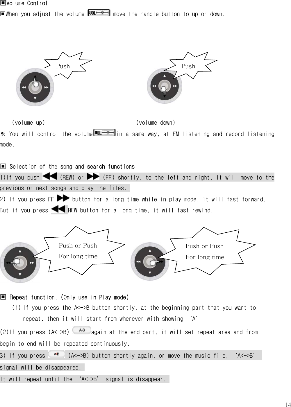   14▣Volume Control ▣When you adjust the volume   move the handle button to up or down.          (volume up)                              (volume down) ※ You will control the volume in a same way, at FM listening and record listening mode.  ▣ Selection of the song and search functions  1)If you push   (REW) or   (FF) shortly, to the left and right, it will move to the previous or next songs and play the files.  2) If you press FF   button for a long time while in play mode, it will fast forward. But if you press   REW button for a long time, it will fast rewind.          ▣ Repeat function. (Only use in Play mode) (1) If you press the A&lt;-&gt;B button shortly, at the beginning part that you want to repeat, then it will start from wherever with showing ‘A’ (2)If you press (A&lt;-&gt;B)  again at the end part, it will set repeat area and from begin to end will be repeated continuously. 3) If you press   (A&lt;-&gt;B) button shortly again, or move the music file, ‘A&lt;-&gt;B’ signal will be disappeared.  It will repeat until the ‘A&lt;-&gt;B’ signal is disappear.   Push  Push Push or Push   For long time Push or Push   For long time 