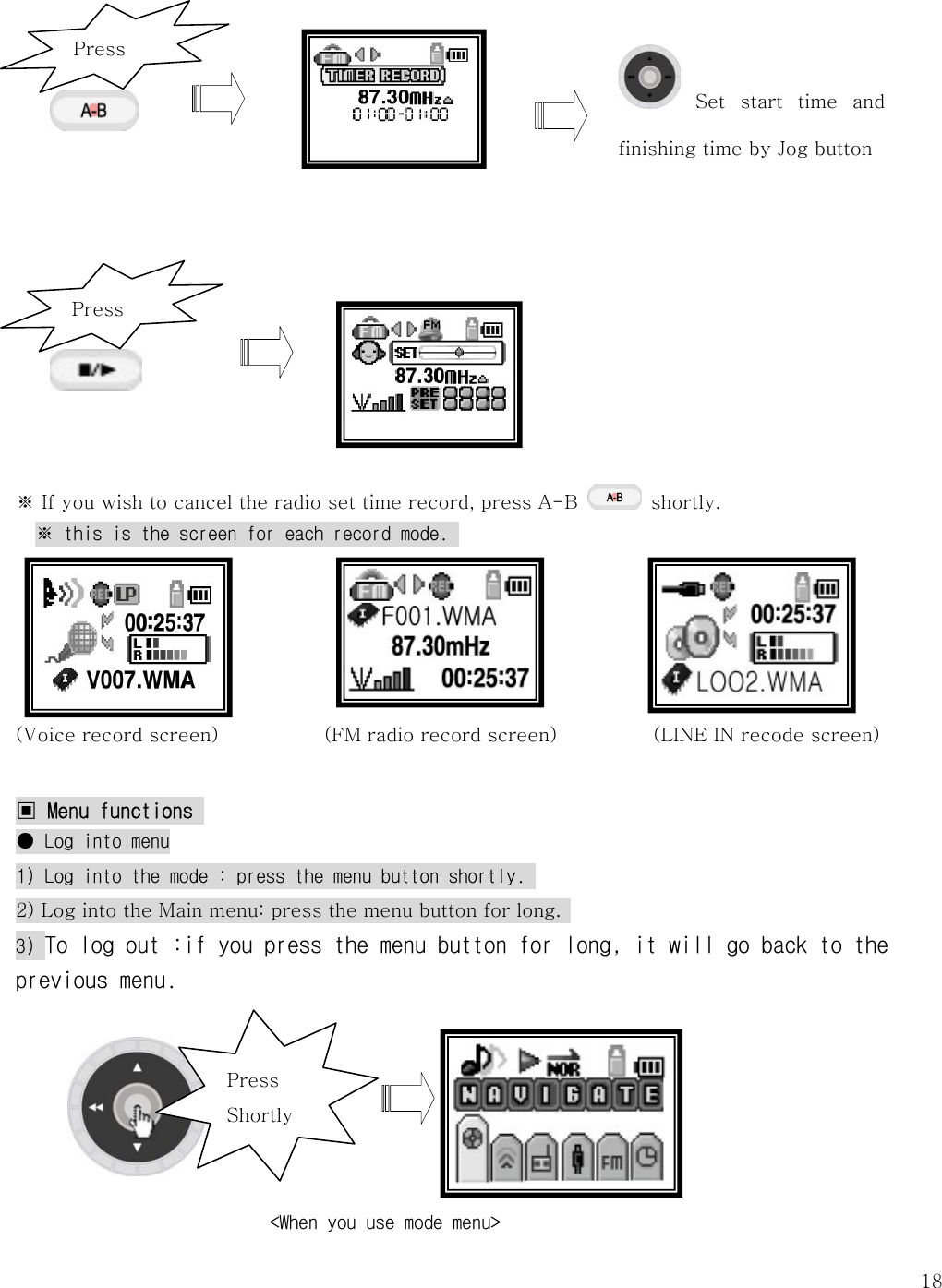   18 ※ If you wish to cancel the radio set time record, press A-B   shortly. ※ this is the screen for each record mode.  (Voice record screen)                      (FM radio record screen)                    (LINE IN recode screen)    ▣ Menu functions  ● Log into menu 1) Log into the mode : press the menu button shortly.  2) Log into the Main menu: press the menu button for long.   3) To log out :if you press the menu button for long, it will go back to the previous menu.        &lt;When you use mode menu&gt; Press   Set  start  time  and finishing time by Jog button Press Press Shortly 