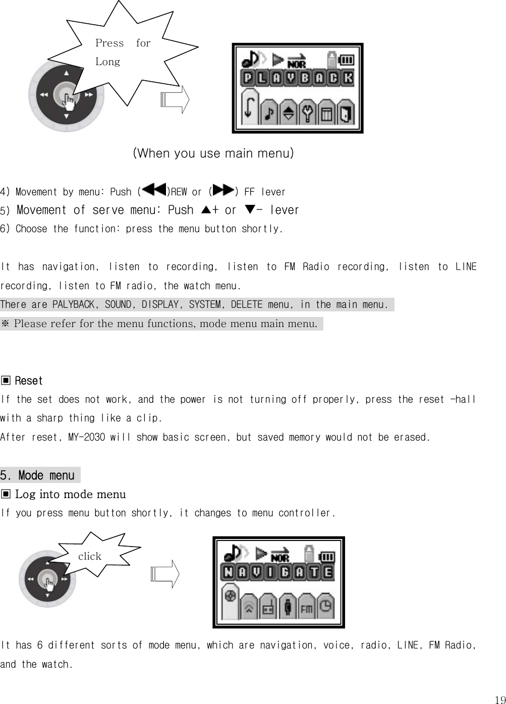   19Press  for   Long                              (When you use main menu)  4) Movement by menu: Push ( )REW or ( ) FF lever 5) Movement of serve menu: Push ▲+ or T- lever 6) Choose the function: press the menu button shortly.   It  has  navigation,  listen  to  recording,  listen  to  FM  Radio  recording,  listen  to  LINE recording, listen to FM radio, the watch menu. There are PALYBACK, SOUND, DISPLAY, SYSTEM, DELETE menu, in the main menu.  ※ Please refer for the menu functions, mode menu main menu.     ▣ Reset If the set does not work, and the power is not turning off properly, press the reset -hall with a sharp thing like a clip.  After reset, MY-2030 will show basic screen, but saved memory would not be erased.   5. Mode menu  ▣ Log into mode menu If you press menu button shortly, it changes to menu controller.        It has 6 different sorts of mode menu, which are navigation, voice, radio, LINE, FM Radio, and the watch.  click 
