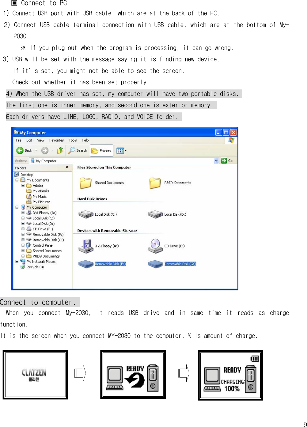   9▣ Connect to PC  1) Connect USB port with USB cable, which are at the back of the PC.  2) Connect USB cable terminal connection with USB cable, which are at the bottom of My-2030.  ※ If you plug out when the program is processing, it can go wrong.   3) USB will be set with the message saying it is finding new device.  If it’s set, you might not be able to see the screen.  Check out whether it has been set properly.  4) When the USB driver has set, my computer will have two portable disks.  The first one is inner memory, and second one is exterior memory.  Each drivers have LINE, LOGO, RADIO, and VOICE folder.                Connect to computer.    When  you  connect  My-2030,  it  reads  USB  drive  and  in  same  time  it  reads  as  charge function.  It is the screen when you connect MY-2030 to the computer. % Is amount of charge.       