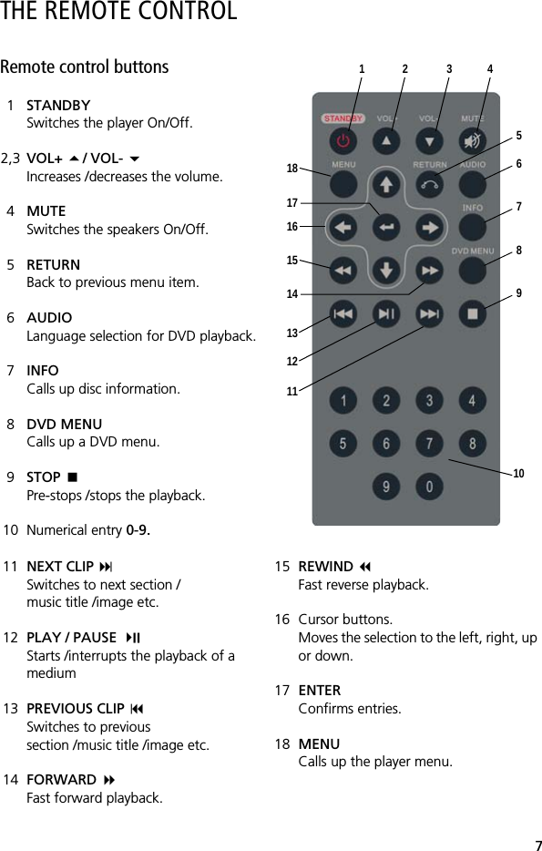 7THE REMOTE CONTROLRemote control buttons1STANDBYSwitches the player On/Off. 2,3 VOL+ / VOL- Increases /decreases the volume.4MUTESwitches the speakers On/Off.5RETURNBack to previous menu item.6AUDIOLanguage selection for DVD playback.7INFOCalls up disc information.8DVD MENUCalls up a DVD menu.9STOP Pre-stops /stops the playback.10 Numerical entry 0-9.11 NEXT CLIP Switches to next section /music title /image etc.12 PLAY / PAUSE Starts /interrupts the playback of a medium13 PREVIOUS CLIP Switches to previous section /music title /image etc.14 FORWARD  Fast forward playback.15 REWIND  Fast reverse playback.16 Cursor buttons.Moves the selection to the left, right, up or down.17 ENTERConfirms entries.18 MENUCalls up the player menu.1 2 3 456789101112131415161718
