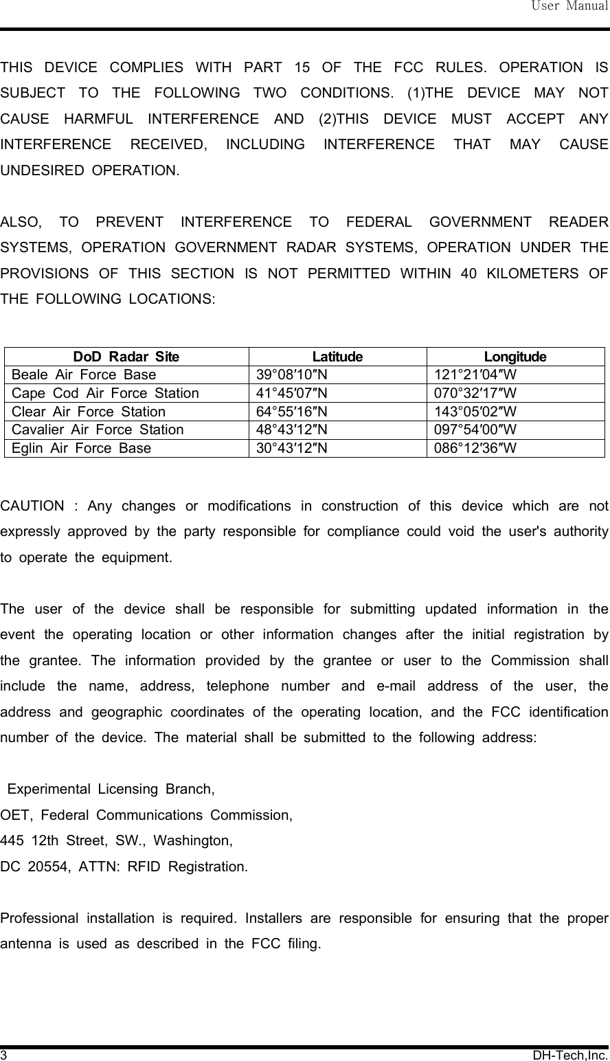 User Manual3 DH-Tech,Inc.THIS DEVICE COMPLIES WITH PART 15 OF THE FCC RULES. OPERATION ISSUBJECT TO THE FOLLOWING TWO CONDITIONS. (1)THE DEVICE MAY NOTCAUSE HARMFUL INTERFERENCE AND (2)THIS DEVICE MUST ACCEPT ANYINTERFERENCE RECEIVED, INCLUDING INTERFERENCE THAT MAY CAUSEUNDESIRED OPERATION.ALSO, TO PREVENT INTERFERENCE TO FEDERAL GOVERNMENT READERSYSTEMS, OPERATION GOVERNMENT RADAR SYSTEMS, OPERATION UNDER THEPROVISIONS OF THIS SECTION IS NOT PERMITTED WITHIN 40 KILOMETERS OFTHE FOLLOWING LOCATIONS:DoD Radar Site Latitude LongitudeBeale Air Force Base 39&deg;08 10 N&prime; &Prime; 121&deg;21 04 W&prime; &Prime;Cape Cod Air Force Station 41&deg;45 07 N&prime; &Prime; 070&deg;32 17 W&prime; &Prime;Clear Air Force Station 64&deg;55 16 N&prime; &Prime; 143&deg;05 02 W&prime; &Prime;Cavalier Air Force Station 48&deg;43 12 N&prime; &Prime; 097&deg;54 00 W&prime; &Prime;Eglin Air Force Base 30&deg;43 12 N&prime; &Prime; 086&deg;12 36 W&prime; &Prime;CAUTION : Any changes or modifications in construction of this device which are notexpressly approved by the party responsible for compliance could void the user's authorityto operate the equipment.The user of the device shall be responsible for submitting updated information in theevent the operating location or other information changes after the initial registration bythe grantee. The information provided by the grantee or user to the Commission shallinclude the name, address, telephone number and e-mail address of the user, theaddress and geographic coordinates of the operating location, and the FCC identificationnumber of the device. The material shall be submitted to the following address:Experimental Licensing Branch,OET, Federal Communications Commission,445 12th Street, SW., Washington,DC 20554, ATTN: RFID Registration.Professional installation is required. Installers are responsible for ensuring that the properantenna is used as described in the FCC filing.