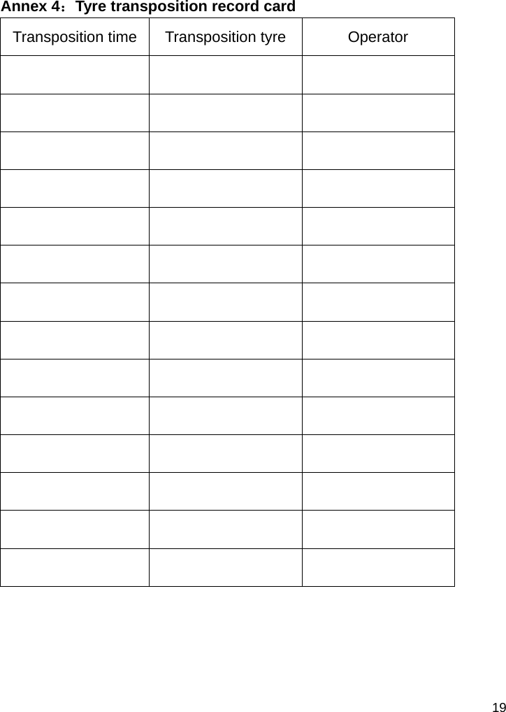   19  Annex 4：Tyre transposition record card Transposition time  Transposition tyre  Operator                                             