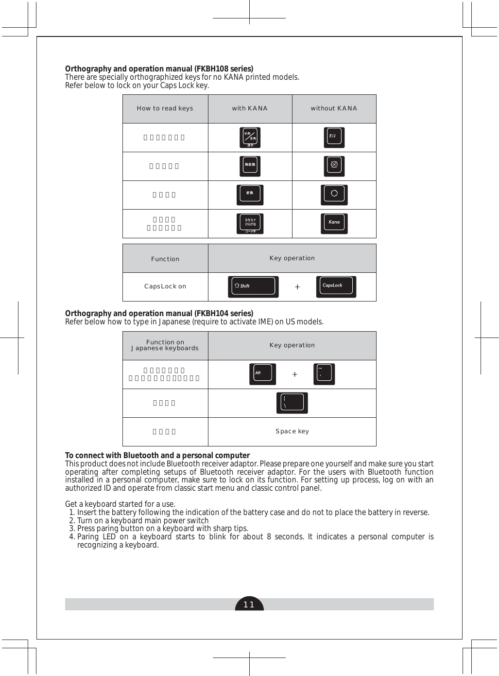 11Function onJapanese keyboards￥マーク変換キー半角／全角キー（日本語入力オン／オフ）Key operationSpace keyCapsLock onFunction Key operationHow to read keys without KANAwith KANA半角／全角キー無変換キー変換キーカタカナひらがなキーOrthography and operation manual (FKBH108 series)There are specially orthographized keys for no KANA printed models.Refer below to lock on your Caps Lock key.Orthography and operation manual (FKBH104 series)Refer below how to type in Japanese (require to activate IME) on US models.To connect with Bluetooth and a personal computerThis product does not include Bluetooth receiver adaptor. Please prepare one yourself and make sure you start operating after completing setups of Bluetooth receiver adaptor. For the users with Bluetooth function installed in a personal computer, make sure to lock on its function. For setting up process, log on with an authorized ID and operate from classic start menu and classic control panel. Get a keyboard started for a use.Insert the battery following the indication of the battery case and do not to place the battery in reverse.Turn on a keyboard main power switchPress paring button on a keyboard with sharp tips.Paring LED on a keyboard starts to blink for about 8 seconds. It indicates a personal computer is recognizing a keyboard. 1.2.3.4.