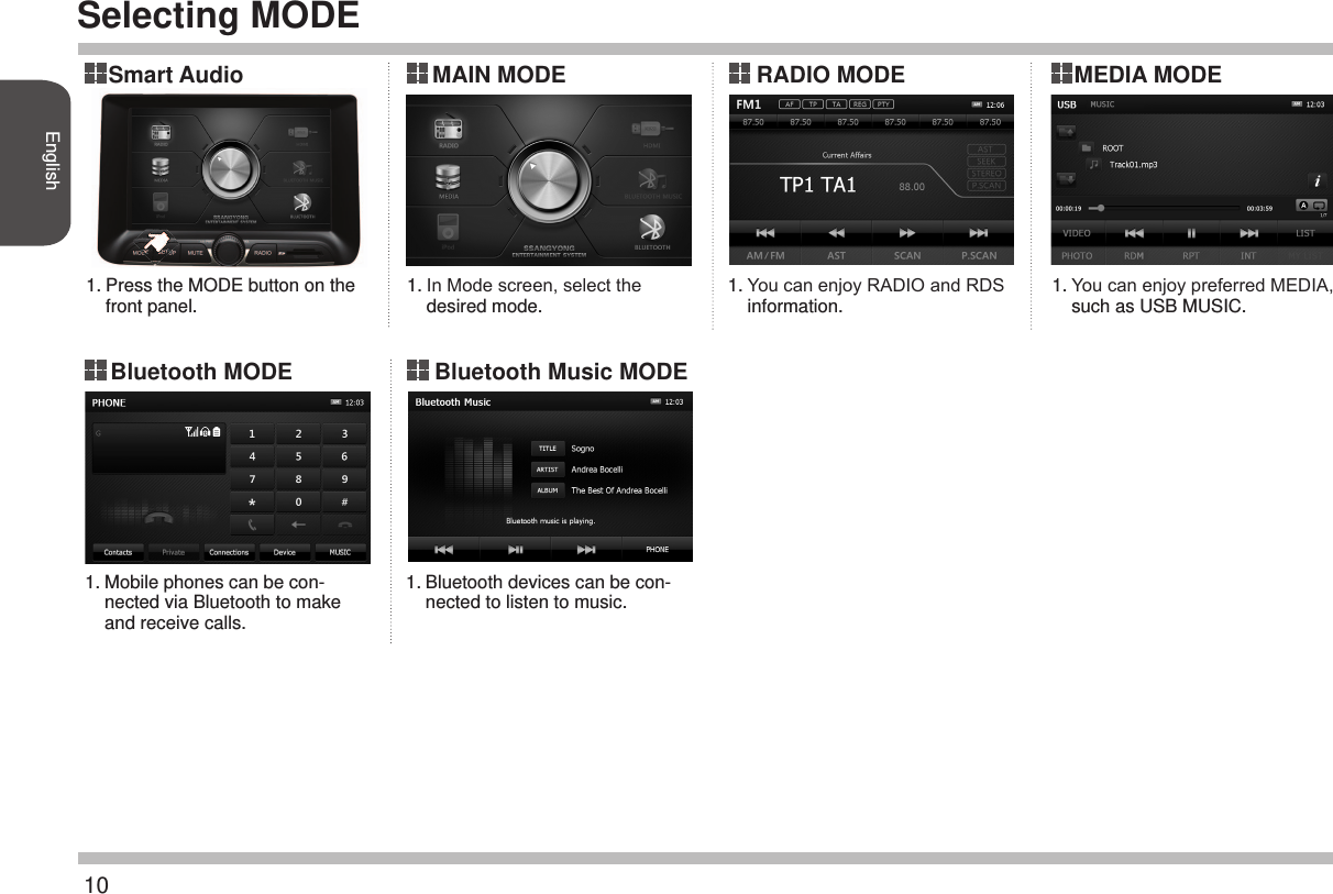 10EnglishSelecting MODE Smart Audio MEDIA MODEMAIN MODEBluetooth MODERADIO MODEBluetooth Music MODE 1. 1.1.1.1.1.Press the MODE button on the front panel.  You can enjoy preferred MEDIA, such as USB MUSIC. In Mode screen, select the desired mode. Mobile phones can be con-nected via Bluetooth to make and receive calls. You can enjoy RADIO and RDS information. Bluetooth devices can be con-nected to listen to music.  