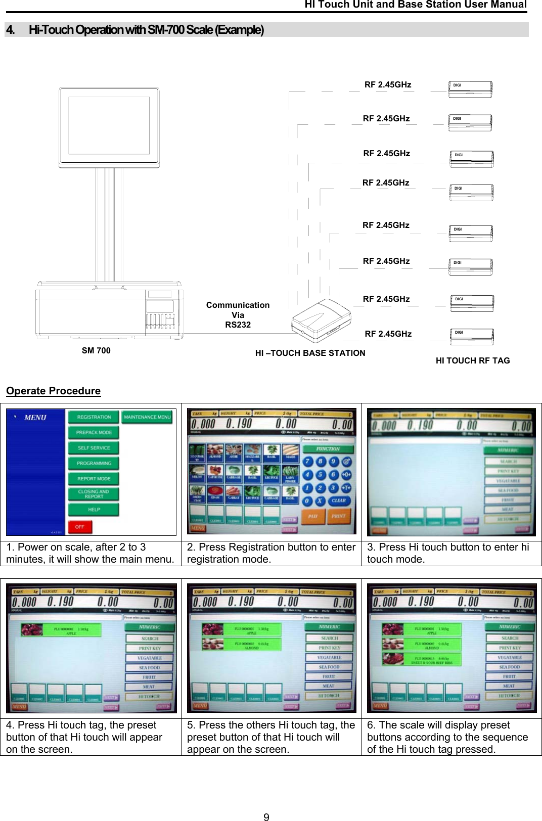 HI Touch Unit and Base Station User Manual  4. Hi-Touch Operation with SM-700 Scale (Example)   DIGIDIGIDIGIDIGIDIGIDIGIDIGIDIGIRF 2.45GHz RF 2.45GHz RF 2.45GHz RF 2.45GHz RF 2.45GHz RF 2.45GHz RF 2.45GHz CommunicationVia RS232 RF 2.45GHz SM 700   HI –TOUCH BASE STATION   HI TOUCH RF TAG   Operate Procedure        1. Power on scale, after 2 to 3 minutes, it will show the main menu. 2. Press Registration button to enter registration mode. 3. Press Hi touch button to enter hi touch mode.       4. Press Hi touch tag, the preset button of that Hi touch will appear on the screen. 5. Press the others Hi touch tag, the preset button of that Hi touch will appear on the screen. 6. The scale will display preset buttons according to the sequence of the Hi touch tag pressed.   9 