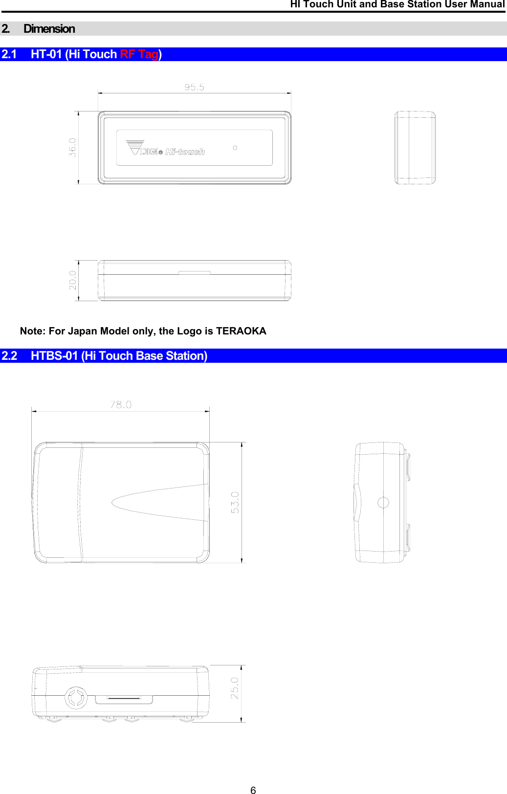 HI Touch Unit and Base Station User Manual  2. Dimension  2.1 HT-01 (Hi Touch RF Tag)    Note: For Japan Model only, the Logo is TERAOKA  2.2  HTBS-01 (Hi Touch Base Station)      6 