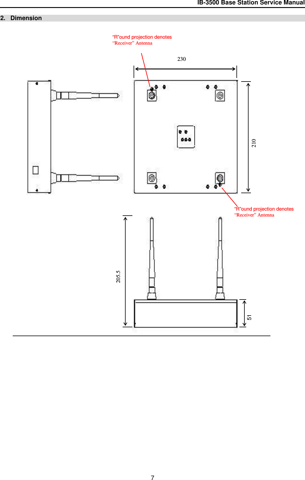 IB-3500 Base Station Service Manual  2.   Dimension      205.5 230 210 51 “R”ound projection denotes “Receiver” Antenna “R”ound projection denotes “Receiver” Antenna 7 