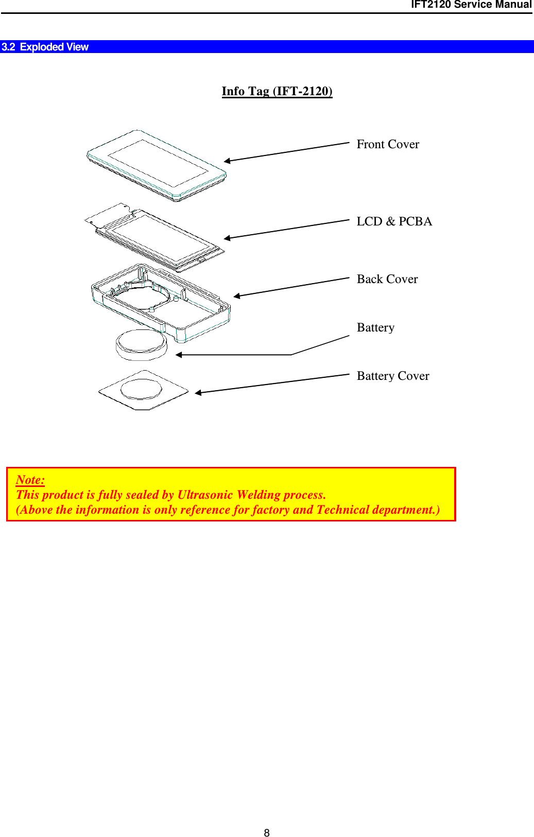 IFT2120 Service Manual  8  3.2  Exploded View                             Info Tag (IFT-2120) Front Cover Battery Cover LCD &amp; PCBA Back Cover Note:  This product is fully sealed by Ultrasonic Welding process. (Above the information is only reference for factory and Technical department.) Battery Cover 