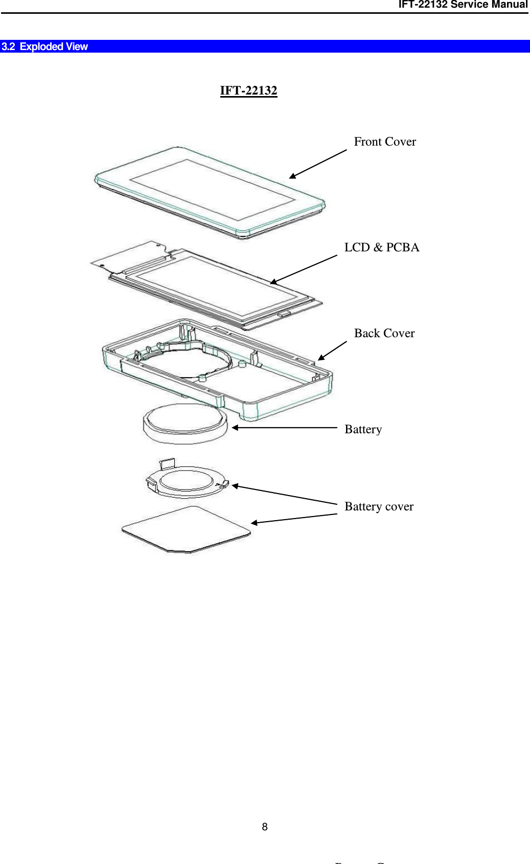 IFT-22132 Service Manual  8  3.2  Exploded View                                                                                                                                 IFT-22132  Front Cover LCD &amp; PCBA Back Cover Battery Cover Battery Battery cover 