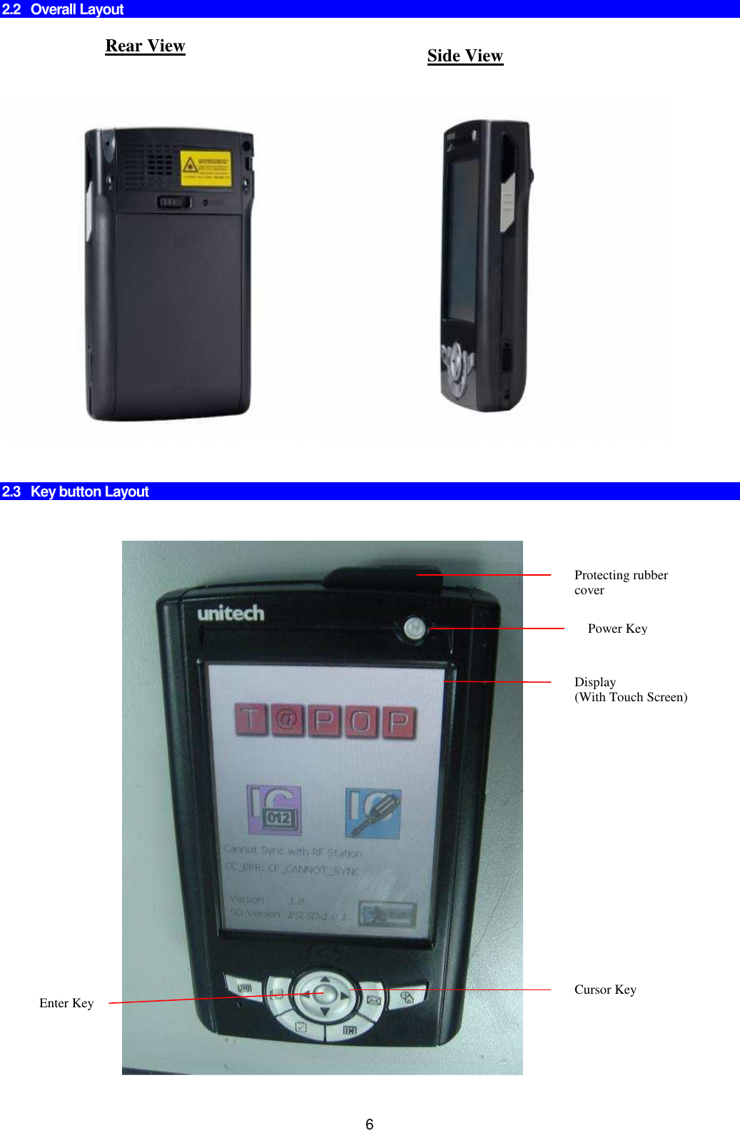 6 2.2   Overall Layout        2.3   Key button Layout                                Power Key Display (With Touch Screen) Rear View  Side View Cursor Key  Enter Key  Protecting rubber cover 