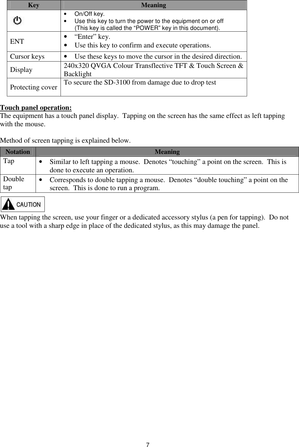 7  Key  Meaning   •  On/Off key. •  Use this key to turn the power to the equipment on or off  (This key is called the “POWER” key in this document).  ENT   • “Enter” key.   • Use this key to confirm and execute operations.   Cursor keys   • Use these keys to move the cursor in the desired direction.  Display   240x320 QVGA Colour Transflective TFT &amp; Touch Screen &amp; Backlight Protecting cover To secure the SD-3100 from damage due to drop test  Touch panel operation:  The equipment has a touch panel display.  Tapping on the screen has the same effect as left tapping with the mouse.    Method of screen tapping is explained below.    Notation  Meaning Tap   • Similar to left tapping a mouse.  Denotes “touching” a point on the screen.  This is done to execute an operation.  Double tap   • Corresponds to double tapping a mouse.  Denotes “double touching” a point on the screen.  This is done to run a program.    When tapping the screen, use your finger or a dedicated accessory stylus (a pen for tapping).  Do not use a tool with a sharp edge in place of the dedicated stylus, as this may damage the panel.  