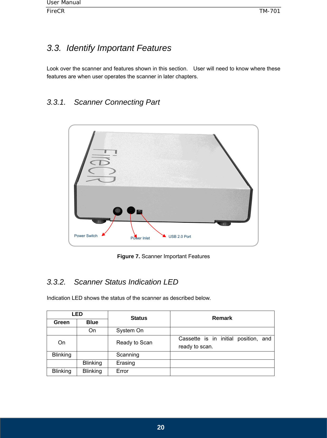 User Manual  FireCR  TM-701   20  3.3.  Identify Important Features  Look over the scanner and features shown in this section.    User will need to know where these features are when user operates the scanner in later chapters.   3.3.1. Scanner Connecting Part        Figure 7. Scanner Important Features   3.3.2.  Scanner Status Indication LED  Indication LED shows the status of the scanner as described below.  LED  Status Remark Green Blue  On System On   On    Ready to Scan  Cassette is in initial position, and ready to scan.     Blinking   Scanning    Blinking Erasing   Blinking Blinking  Error     USB 2.0 Port Power Inlet Power Switch  