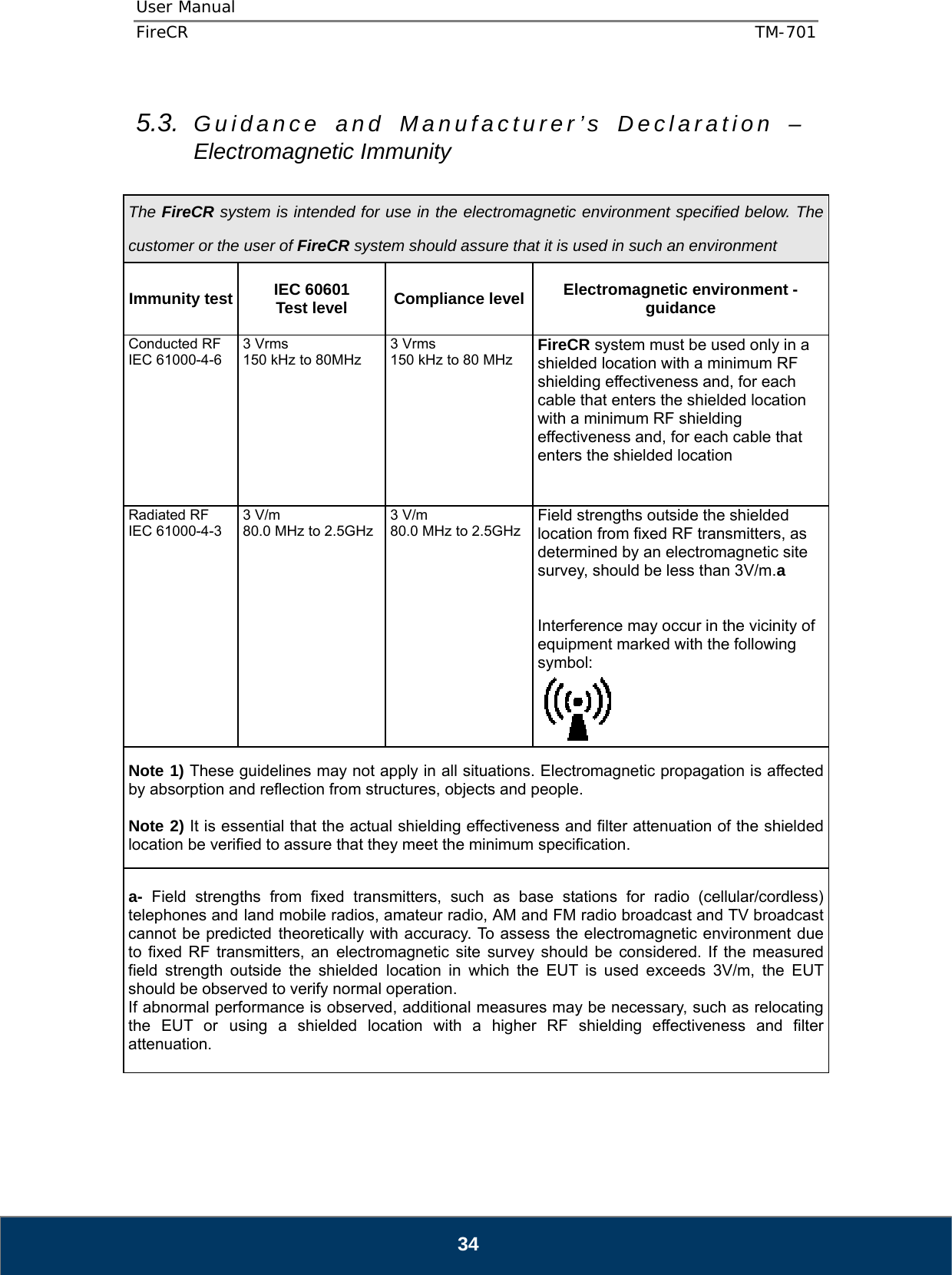 User Manual  FireCR  TM-701   34  5.3.  Guidance and Manufacturer’s Declaration – Electromagnetic Immunity  The FireCR system is intended for use in the electromagnetic environment specified below. The customer or the user of FireCR system should assure that it is used in such an environment Immunity test IEC 60601 Test level Compliance level Electromagnetic environment -guidance Conducted RF IEC 61000-4-6 3 Vrms 150 kHz to 80MHz 3 Vrms 150 kHz to 80 MHz FireCR system must be used only in a shielded location with a minimum RF shielding effectiveness and, for each cable that enters the shielded location with a minimum RF shielding effectiveness and, for each cable that enters the shielded location Radiated RF IEC 61000-4-3  3 V/m 80.0 MHz to 2.5GHz 3 V/m 80.0 MHz to 2.5GHz Field strengths outside the shielded location from fixed RF transmitters, as determined by an electromagnetic site survey, should be less than 3V/m.a   Interference may occur in the vicinity of equipment marked with the following symbol: Note 1) These guidelines may not apply in all situations. Electromagnetic propagation is affected by absorption and reflection from structures, objects and people.  Note 2) It is essential that the actual shielding effectiveness and filter attenuation of the shielded location be verified to assure that they meet the minimum specification. a- Field strengths from fixed transmitters, such as base stations for radio (cellular/cordless) telephones and land mobile radios, amateur radio, AM and FM radio broadcast and TV broadcast cannot be predicted theoretically with accuracy. To assess the electromagnetic environment due to fixed RF transmitters, an electromagnetic site survey should be considered. If the measured field strength outside the shielded location in which the EUT is used exceeds 3V/m, the EUT should be observed to verify normal operation. If abnormal performance is observed, additional measures may be necessary, such as relocating the EUT or using a shielded location with a higher RF shielding effectiveness and filter attenuation.   