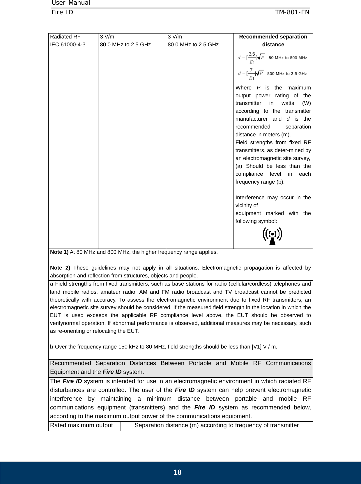 User Manual  Fire ID    TM-801-EN   18 Radiated RF IEC 61000-4-3  3 V/m 80.0 MHz to 2.5 GHz 3 V/m 80.0 MHz to 2.5 GHz Recommended separation distance Where  P  is the maximum output power rating of the transmitter in watts (W) according to the transmitter manufacturer and d  is the recommended separation distance in meters (m). Field strengths from fixed RF transmitters, as deter-mined by an electromagnetic site survey,(a) Should be less than the compliance level in each frequency range (b).  Interference may occur in the vicinity of equipment marked with the following symbol:  Note 1) At 80 MHz and 800 MHz, the higher frequency range applies.  Note 2) These guidelines may not apply in all situations. Electromagnetic propagation is affected by absorption and reflection from structures, objects and people. a Field strengths from fixed transmitters, such as base stations for radio (cellular/cordless) telephones and land mobile radios, amateur radio, AM and FM radio broadcast and TV broadcast cannot be predicted theoretically with accuracy. To assess the electromagnetic environment due to fixed RF transmitters, an electromagnetic site survey should be considered. If the measured field strength in the location in which the EUT is used exceeds the applicable RF compliance level above, the EUT should be observed to verifynormal operation. If abnormal performance is observed, additional measures may be necessary, such as re-orienting or relocating the EUT.  b Over the frequency range 150 kHz to 80 MHz, field strengths should be less than [V1] V / m.  Recommended Separation Distances Between Portable and Mobile RF Communications Equipment and the Fire ID system. The Fire ID system is intended for use in an electromagnetic environment in which radiated RF disturbances are controlled. The user of the Fire ID system can help prevent electromagnetic interference by maintaining a minimum distance between portable and mobile RF communications equipment (transmitters) and the Fire ID system as recommended below, according to the maximum output power of the communications equipment. Rated maximum output  Separation distance (m) according to frequency of transmitter 