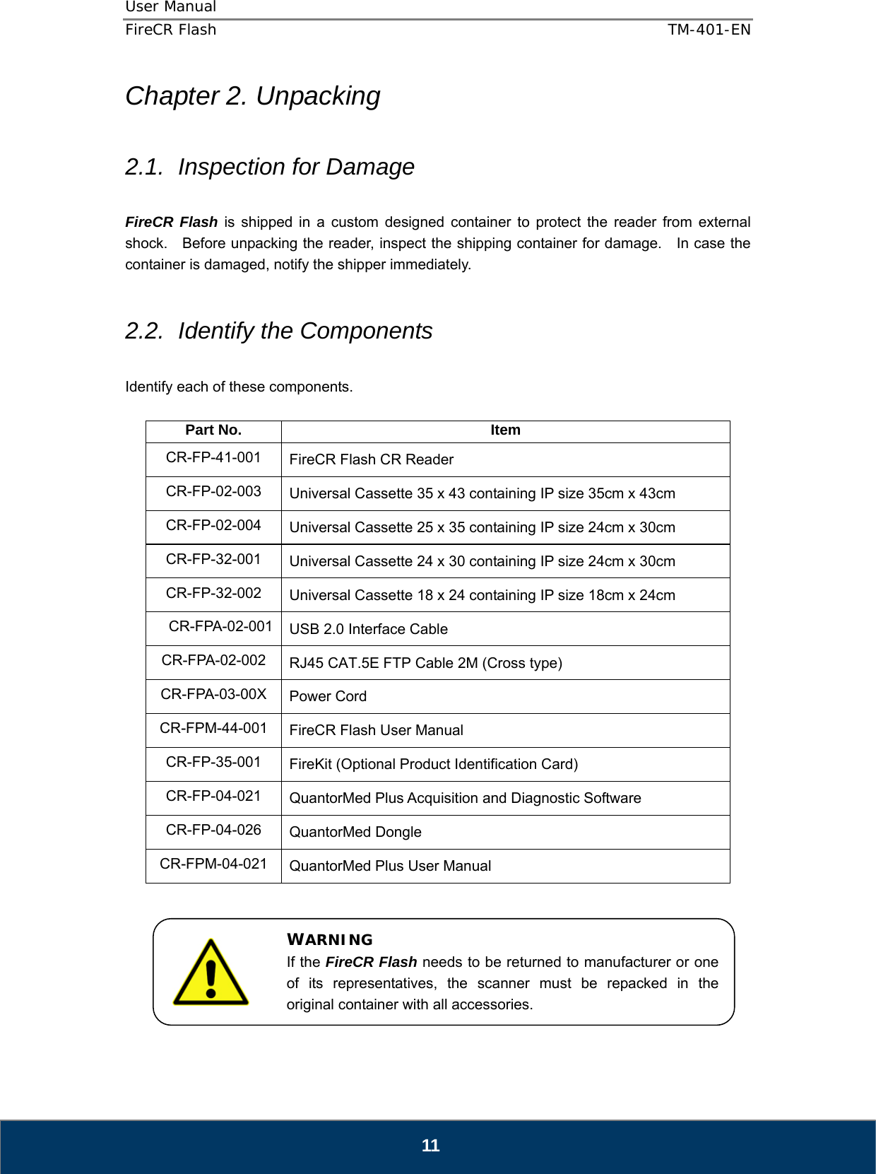 User Manual  FireCR Flash    TM-401-EN   11 Chapter 2. Unpacking  2.1.  Inspection for Damage  FireCR Flash is shipped in a custom designed container to protect the reader from external shock.    Before unpacking the reader, inspect the shipping container for damage.    In case the container is damaged, notify the shipper immediately.      2.2.  Identify the Components  Identify each of these components.  Part No.  Item CR-FP-41-001  FireCR Flash CR Reader CR-FP-02-003  Universal Cassette 35 x 43 containing IP size 35cm x 43cm CR-FP-02-004  Universal Cassette 25 x 35 containing IP size 24cm x 30cm CR-FP-32-001  Universal Cassette 24 x 30 containing IP size 24cm x 30cm CR-FP-32-002  Universal Cassette 18 x 24 containing IP size 18cm x 24cm CR-FPA-02-001  USB 2.0 Interface Cable CR-FPA-02-002  RJ45 CAT.5E FTP Cable 2M (Cross type) CR-FPA-03-00X  Power Cord CR-FPM-44-001  FireCR Flash User Manual CR-FP-35-001  FireKit (Optional Product Identification Card) CR-FP-04-021  QuantorMed Plus Acquisition and Diagnostic Software CR-FP-04-026  QuantorMed Dongle CR-FPM-04-021  QuantorMed Plus User Manual         WARNING If the FireCR Flash needs to be returned to manufacturer or one of its representatives, the scanner must be repacked in the original container with all accessories. 