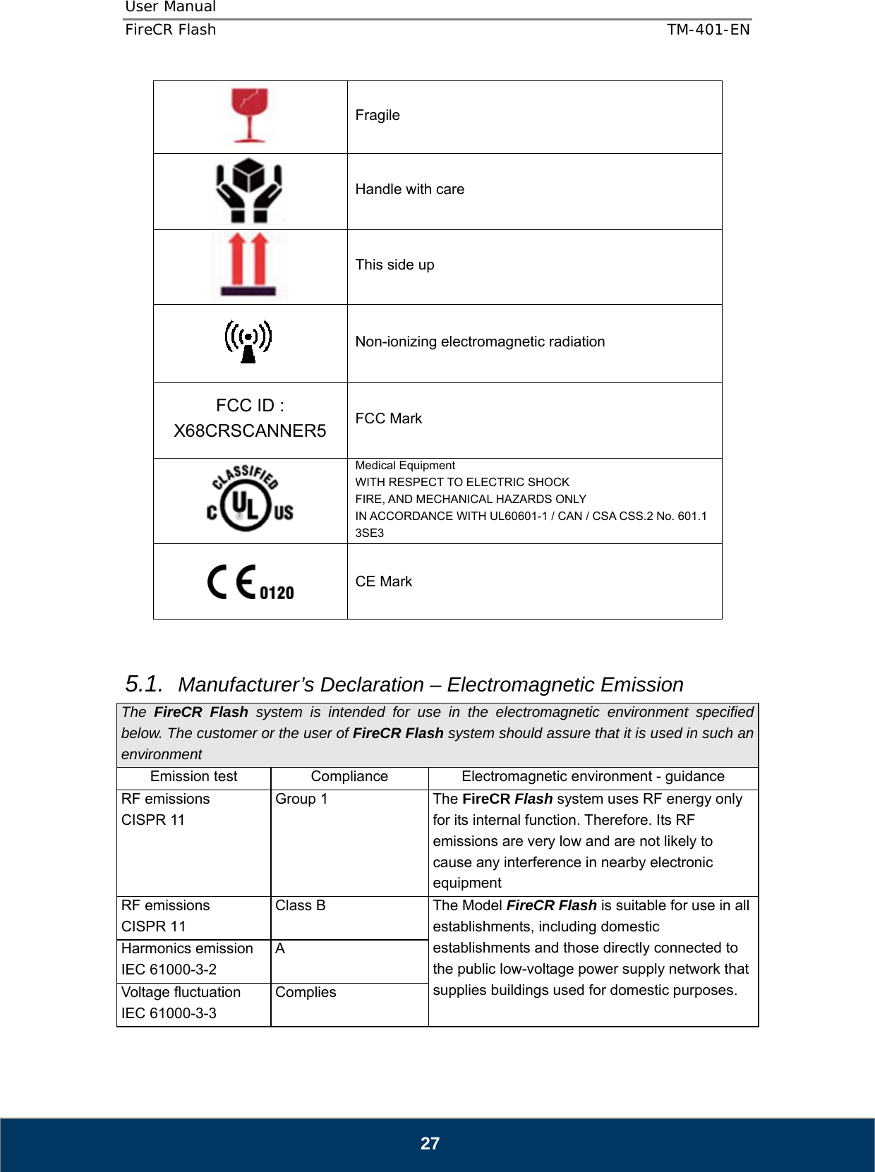 User Manual  FireCR Flash    TM-401-EN   27  Fragile  Handle with care  This side up  Non-ionizing electromagnetic radiation FCC ID : X68CRSCANNER5  FCC Mark  Medical Equipment WITH RESPECT TO ELECTRIC SHOCK FIRE, AND MECHANICAL HAZARDS ONLY IN ACCORDANCE WITH UL60601-1 / CAN / CSA CSS.2 No. 601.1 3SE3  CE Mark   5.1.  Manufacturer’s Declaration – Electromagnetic Emission The  FireCR Flash system is intended for use in the electromagnetic environment specified below. The customer or the user of FireCR Flash system should assure that it is used in such an environment Emission test  Compliance  Electromagnetic environment - guidance RF emissions CISPR 11 Group 1  The FireCR Flash system uses RF energy only for its internal function. Therefore. Its RF emissions are very low and are not likely to cause any interference in nearby electronic equipment RF emissions CISPR 11 Class B  The Model FireCR Flash is suitable for use in all establishments, including domestic establishments and those directly connected to the public low-voltage power supply network that supplies buildings used for domestic purposes. Harmonics emission IEC 61000-3-2 A Voltage fluctuation IEC 61000-3-3 Complies 