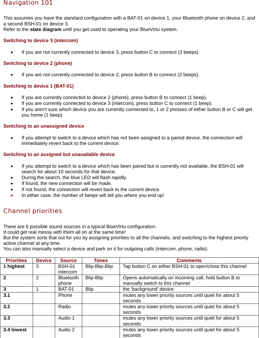       Navigation 101  This assumes you have the standard configuration with a BAT-01 on device 1, your Bluetooth phone on device 2, and a second BSH-01 on device 3. Refer to the state diagram until you get used to operating your BlueVirtu system.  Switching to device 3 (intercom)  •  If you are not currently connected to device 3, press button C to connect (3 beeps).  Switching to device 2 (phone)  •  If you are not currently connected to device 2, press button B to connect (2 beeps).  Switching to device 1 (BAT-01)  •  If you are currently connected to device 2 (phone), press button B to connect (1 beep). •  If you are currently connected to device 3 (intercom), press button C to connect (1 beep). •  If you aren&apos;t sure which device you are currently connected to, 1 or 2 presses of either button B or C will get you home (1 beep)  Switching to an unassigned device  •  If you attempt to switch to a device which has not been assigned to a paired device, the connection will immediately revert back to the current device.  Switching to an assigned but unavailable device  •  If you attempt to switch to a device which has been paired but is currently not available, the BSH-01 will search for about 10 seconds for that device. •  During the search, the blue LED will flash rapidly. •  If found, the new connection will be made. •  If not found, the connection will revert back to the current device. •  In either case, the number of beeps will tell you where you end up!  Channel priorities  There are 6 possible sound sources in a typical BlueVirtu configuration. It could get real messy with them all on at the same time! But the system sorts that out for you by assigning priorities to all the channels, and switching to the highest priority active channel at any time. You can also manually select a device and park on it for outgoing calls (intercom, phone, radio).  Priorities Device Source  Tones  Comments 1 highest  3 BSH-01 intercom  Blip-Blip-Blip  Tap button C on either BSH-01 to open/close this channel 2  2 Bluetooth phone  Blip-Blip  Opens automatically on incoming call, hold button B to manually switch to this channel 3  1 BAT-01 Blip  the &apos;background&apos; device 3.1    Phone    mutes any lower priority sources until quiet for about 5 seconds 3.2    Radio    mutes any lower priority sources until quiet for about 5 seconds 3.3    Audio 1    mutes any lower priority sources until quiet for about 5 seconds 3.4 lowest    Audio 2    mutes any lower priority sources until quiet for about 5 seconds           