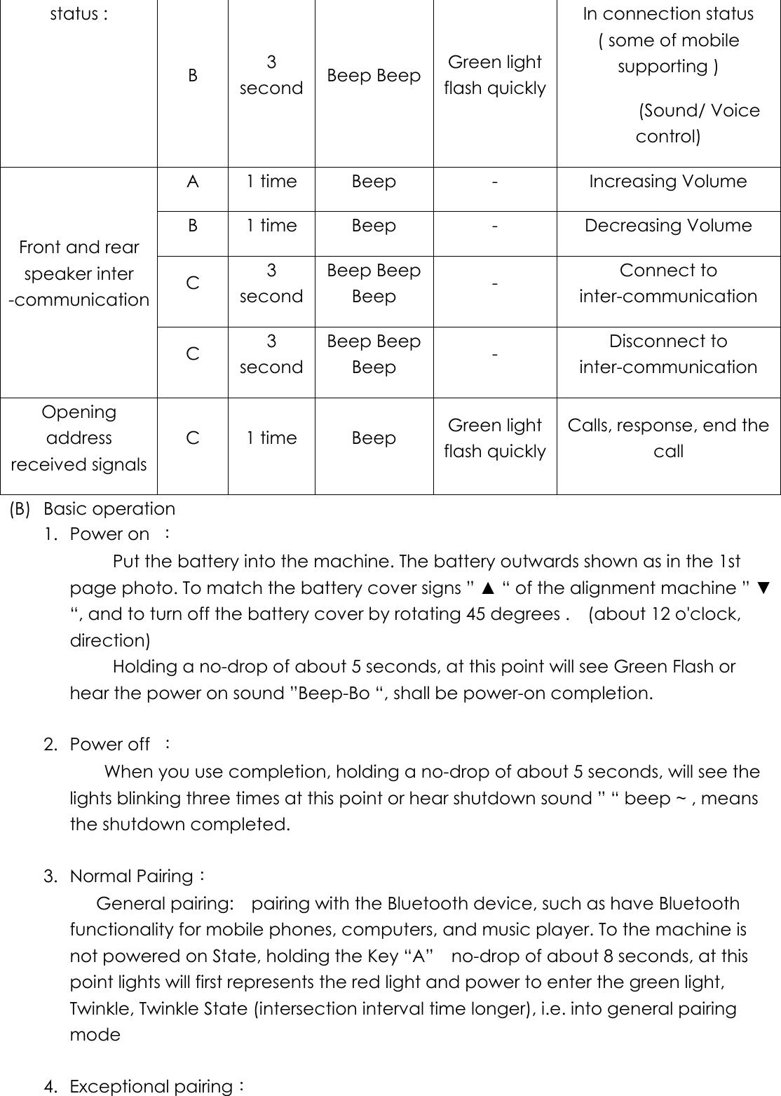 status : B  3 second  Beep Beep  Green light flash quickly In connection status ( some of mobile supporting )          (Sound/ Voice control) A  1 time  Beep  -  Increasing Volume B  1 time  Beep  -  Decreasing Volume C  3 second Beep Beep Beep  -  Connect to inter-communication Front and rear speaker inter -communication C  3 second Beep Beep Beep  -  Disconnect to inter-communication Opening address received signals C 1 time  Beep  Green light flash quickly Calls, response, end the call (B)   Basic operation 1. Power on ：   Put the battery into the machine. The battery outwards shown as in the 1st page photo. To match the battery cover signs ” ▲ “ of the alignment machine ” ▼ “, and to turn off the battery cover by rotating 45 degrees .    (about 12 o&apos;clock, direction)      Holding a no-drop of about 5 seconds, at this point will see Green Flash or hear the power on sound ”Beep-Bo “, shall be power-on completion.  2. Power off ： When you use completion, holding a no-drop of about 5 seconds, will see the lights blinking three times at this point or hear shutdown sound ” “ beep ~ , means the shutdown completed.  3. Normal Pairing：    General pairing:  pairing with the Bluetooth device, such as have Bluetooth functionality for mobile phones, computers, and music player. To the machine is not powered on State, holding the Key “A”    no-drop of about 8 seconds, at this point lights will first represents the red light and power to enter the green light, Twinkle, Twinkle State (intersection interval time longer), i.e. into general pairing mode  4. Exceptional pairing： 
