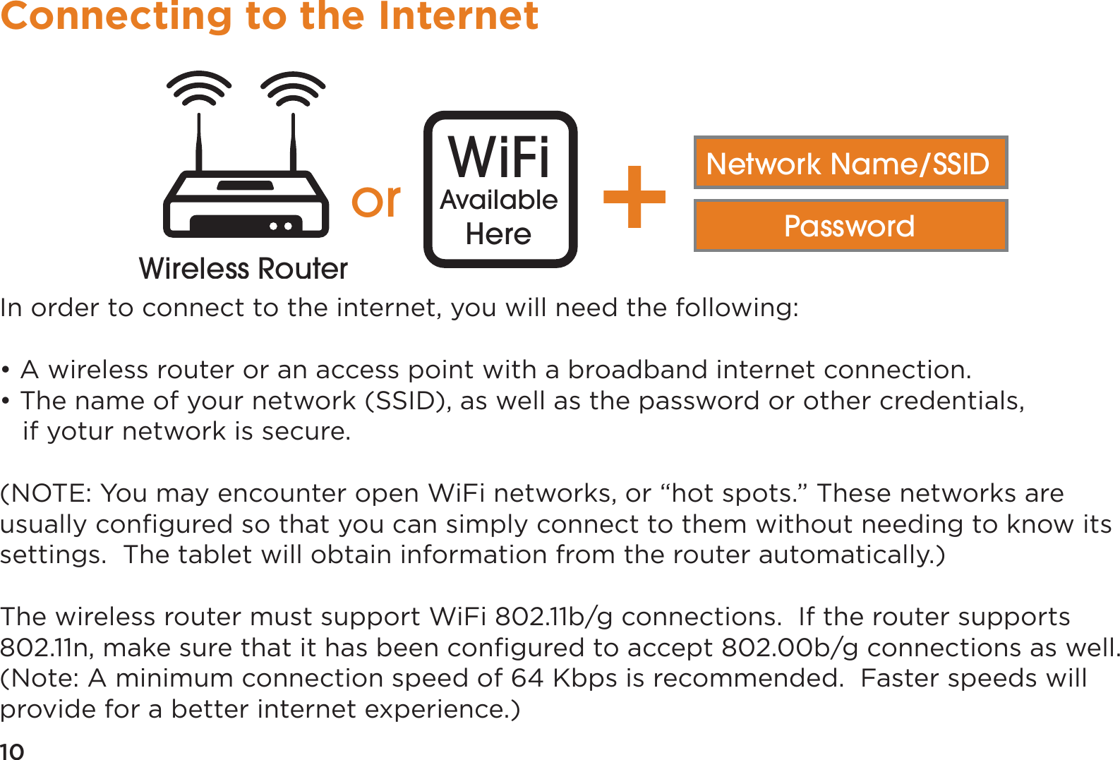 10Connecting to the InternetIn order to connect to the internet, you will need the following:• A wireless router or an access point with a broadband internet connection.• The name of your network (SSID), as well as the password or other credentials,   if yotur network is secure.(NOTE: You may encounter open WiFi networks, or “hot spots.” These networks are usually conﬁgured so that you can simply connect to them without needing to know its settings.  The tablet will obtain information from the router automatically.)The wireless router must support WiFi 802.11b/g connections.  If the router supports 802.11n, make sure that it has been conﬁgured to accept 802.00b/g connections as well. (Note: A minimum connection speed of 64 Kbps is recommended.  Faster speeds will provide for a better internet experience.)or WiFiAvailableHere +Network Name/SSIDPasswordWireless Router
