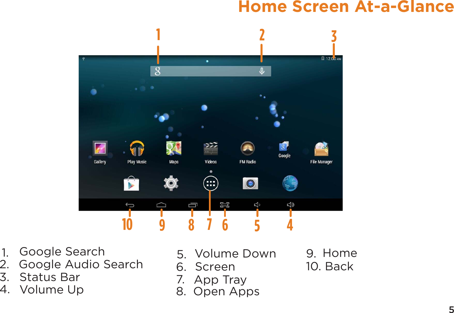 5Home Screen At-a-Glance143610 51.  2.  Google Search3.  Google Audio Search4.  Status Bar5.  6.  Screen7. Volume Up 8. Open Apps9.  Home10. BackVolume Down2987App Tray