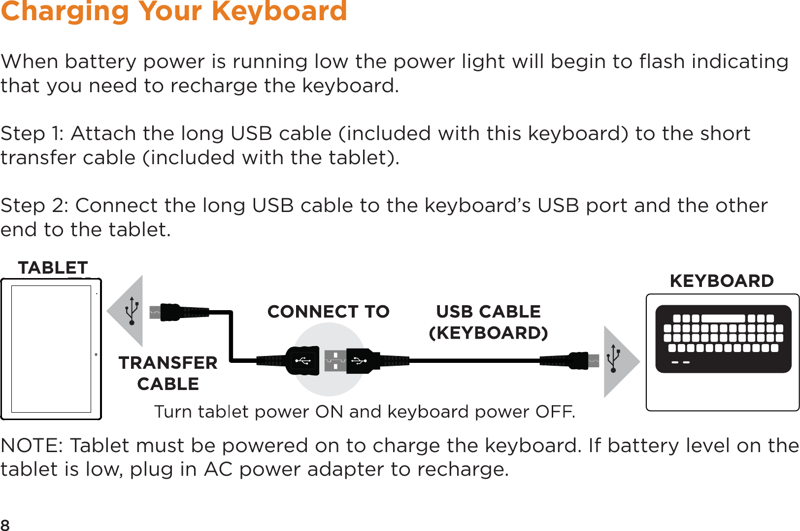 8Charging Your KeyboardWhen battery power is running low the power light will begin to ﬂash indicating that you need to recharge the keyboard.Step 1: Attach the long USB cable (included with this keyboard) to the short transfer cable (included with the tablet).Step 2: Connect the long USB cable to the keyboard’s USB port and the other end to the tablet.NOTE: Tablet must be powered on to charge the keyboard. If battery level on the tablet is low, plug in AC power adapter to recharge.TABLET