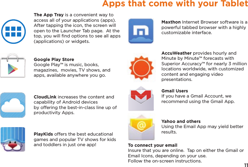 11Apps that come with your TabletThe App Tray is a convenient way to access all of your applications (apps).  After tapping the icon, the screen will open to the Launcher Tab page.  At the top, you will ﬁnd options to see all apps (applications) or widgets.Maxthon Internet Browser software is a powerful tabbed browser with a highly customizable interface.Google Play StoreGoogle Play™ is music, books, magazines,  movies, TV shows, and apps, available anywhere you go.AccuWeather provides hourly and Minute by Minute™ forecasts with Superior Accuracy™ for nearly 3 million locations worldwide, with customized content and engaging video presentations.CloudLink increases the content and capability of Android devices by offering the best-in-class line up of productivity Apps.Gmail UsersIf you have a Gmail Account, we recommend using the Gmail App.PlayKids offers the best educational games and popular TV shows for kids and toddlers in just one app!Yahoo and othersUsing the Email App may yield better results.To connect your emailInsure that you are online.  Tap on either the Gmail or Email Icons, depending on your use.  Follow the on-screen instructions.