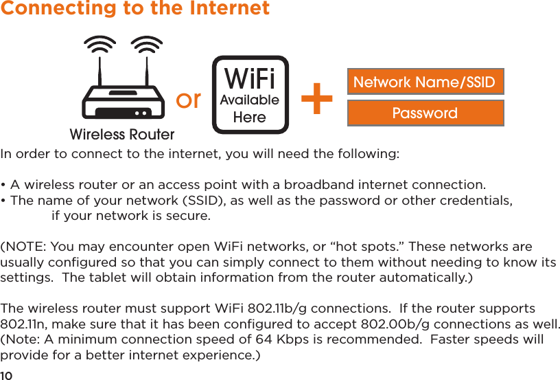 10Connecting to the InternetIn order to connect to the internet, you will need the following:• A wireless router or an access point with a broadband internet connection.• The name of your network (SSID), as well as the password or other credentials,   if your network is secure.(NOTE: You may encounter open WiFi networks, or “hot spots.” These networks are usually conﬁgured so that you can simply connect to them without needing to know its settings.  The tablet will obtain information from the router automatically.)The wireless router must support WiFi 802.11b/g connections.  If the router supports 802.11n, make sure that it has been conﬁgured to accept 802.00b/g connections as well. (Note: A minimum connection speed of 64 Kbps is recommended.  Faster speeds will provide for a better internet experience.)Distance may varyor WiFiAvailableHere +Network Name/SSIDPasswordWireless RouterWireless Router