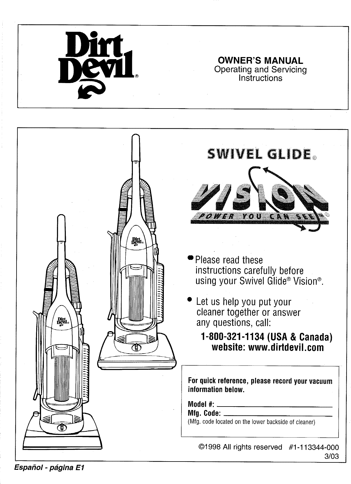 Page 1 of 8 - DIRT  DEVIL Vacuum, Upright Manual L0408024