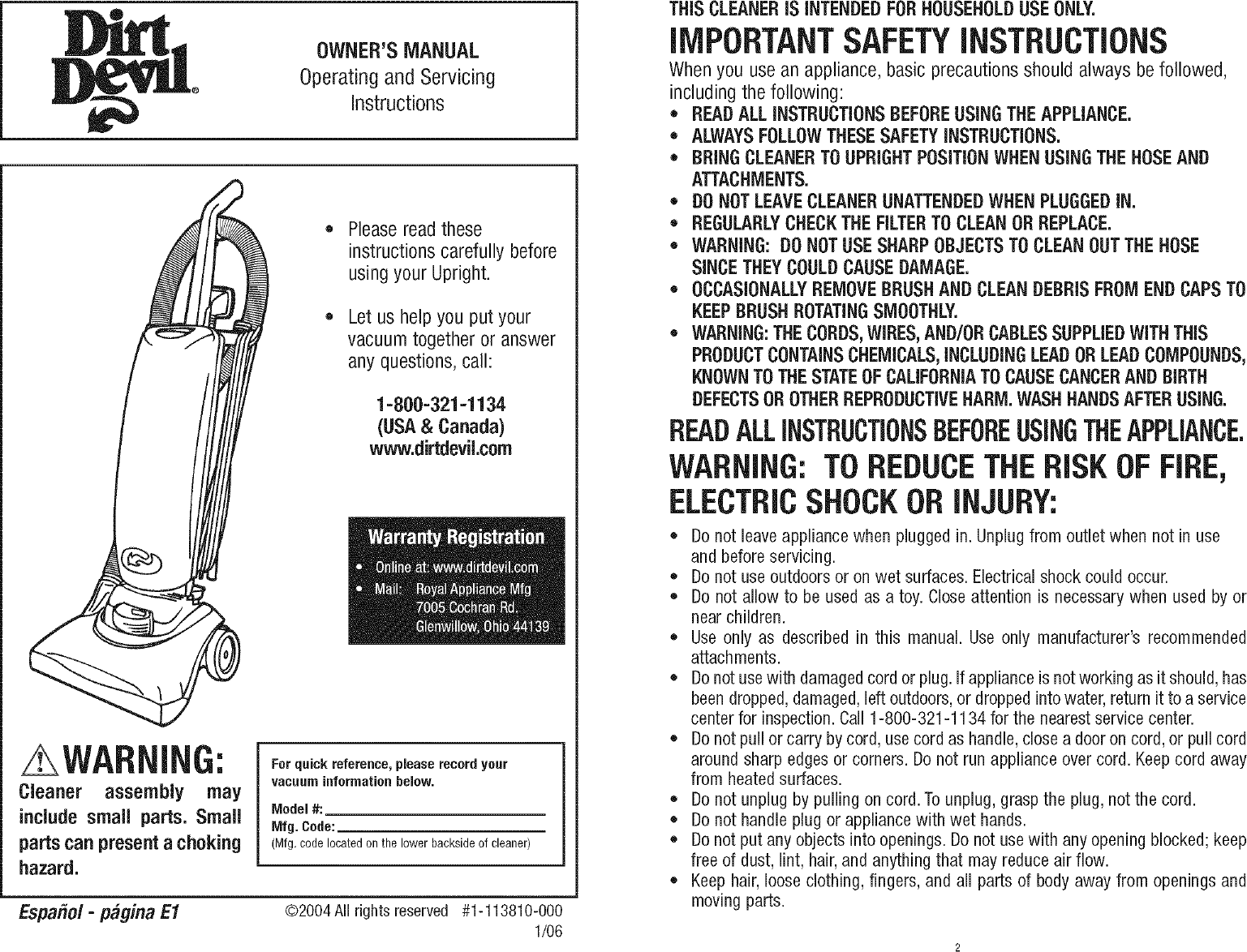Page 1 of 5 - DIRT  DEVIL Vacuum, Upright Manual L0606617