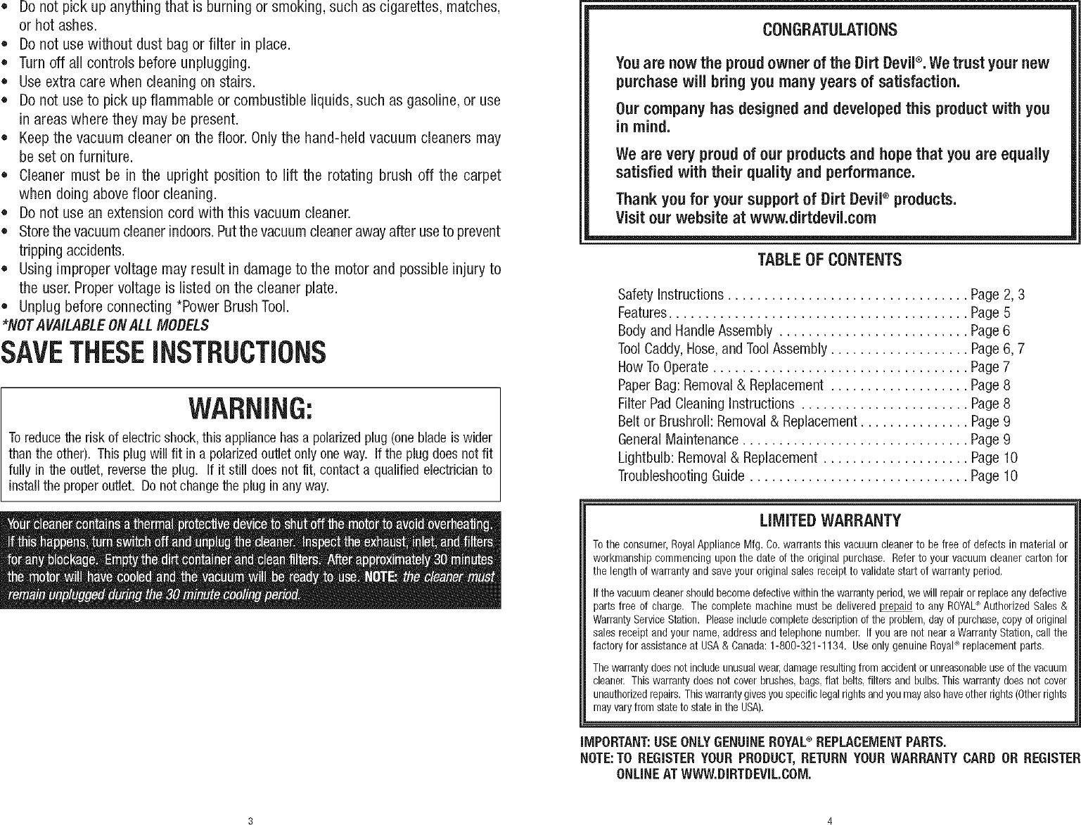 Page 2 of 5 - DIRT  DEVIL Vacuum, Upright Manual L0606617