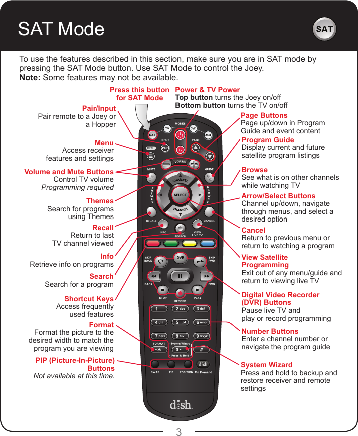 3To use the features described in this section, make sure you are in SAT mode by pressing the SAT Mode button. Use SAT Mode to control the Joey.Note: Some features may not be available.SAT ModePower &amp; TV PowerTop button turns the Joey on/offBottom button turns the TV on/offVolume and Mute ButtonsControl TV volumeProgramming requiredRecallReturn to last TV channel viewedPIP (Picture-In-Picture) ButtonsNot available at this time.Number ButtonsEnter a channel number or navigate the program guideMenuAccess receiverfeatures and settingsThemesSearch for programs using ThemesInfoRetrieve info on programsSearchSearch for a programShortcut KeysAccess frequently used featuresDigital Video Recorder (DVR) ButtonsPause live TV and play or record programmingFormatFormat the picture to the desired width to match the program you are viewingSystem WizardPress and hold to backup and restore receiver and remotesettingsArrow/Select ButtonsChannel up/down, navigate through menus, and select a desired optionView SatelliteProgrammingExit out of any menu/guide and return to viewing live TVCancelReturn to previous menu or return to watching a programBrowseSee what is on other channels while watching TVProgram GuideDisplay current and future satellite program listingsPage ButtonsPage up/down in Program Guide and event contentPress this button for SAT ModePair/InputPair remote to a Joey or a Hopper