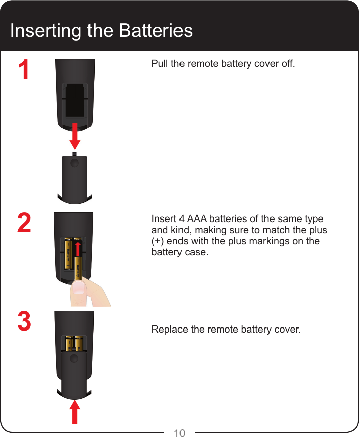 10Inserting the BatteriesPull the remote battery cover off.Insert 4 AAA batteries of the same type and kind, making sure to match the plus (+) ends with the plus markings on the battery case.Replace the remote battery cover.123