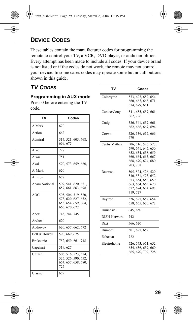 29DEVICE CODESThese tables contain the manufacturer codes for programming the remote to control your TV, a VCR, DVD player, or audio amplifier. Every attempt has been made to include all codes. If your device brand is not listed or if the codes do not work, the remote may not control your device. In some cases codes may operate some but not all buttons shown in this guide.TV CODESProgramming in AUX mode: Press 0 before entering the TV code. TV CodesA Mark 670Action 662 Admiral 514, 521, 605, 668, 669, 675 Aiko 727 Aiwa 751 Akai 570, 573, 659, 660, A-Mark 620 Amtron 657 Anam National 509, 541, 620, 651, 657, 661, 663, 698AOC 505, 506, 519, 520, 573, 620, 627, 652, 653, 654, 659, 664, 665, 670, 672Apex 743, 744, 745Archer 620 Audiovox 620, 657, 662, 672Bell &amp; Howell 590, 669, 675 Broksonic 752, 659, 661, 748 Capehart 519, 627Citizen 506, 516, 523, 524, 525, 526, 590, 652, 654, 657, 658, 680, 727 Classic 659 Colortyme 573, 627, 652, 654, 660, 667, 668, 671, 674, 679, 681Contec/Cony 541, 655, 657, 661, 662, 726Craig 536, 541, 657, 661, 662, 666, 667, 694 Crown 526, 536, 657, 666, 670 Curtis Mathes 506, 516, 526, 573, 590, 641, 645, 650, 652, 654, 658, 659, 660, 664, 665, 667, 668, 670, 674, 680, 703, 708Daewoo 505, 524, 526, 529, 530, 531, 573, 652, 653, 654, 658, 659, 663, 664, 665, 670, 672, 674, 684, 698, 719, 727Daytron 526, 627, 652, 654, 658, 665, 670, 672 Dimensia 645, 650DISH Network 742Dixi 566, 620Dumont 501, 627, 652Echostar 722 Electrohome 526, 573, 651, 652, 654, 656, 659, 660, 665, 670, 709, 728TV Codestext_dishpvr.fm  Page 29  Tuesday, March 2, 2004  12:35 PM