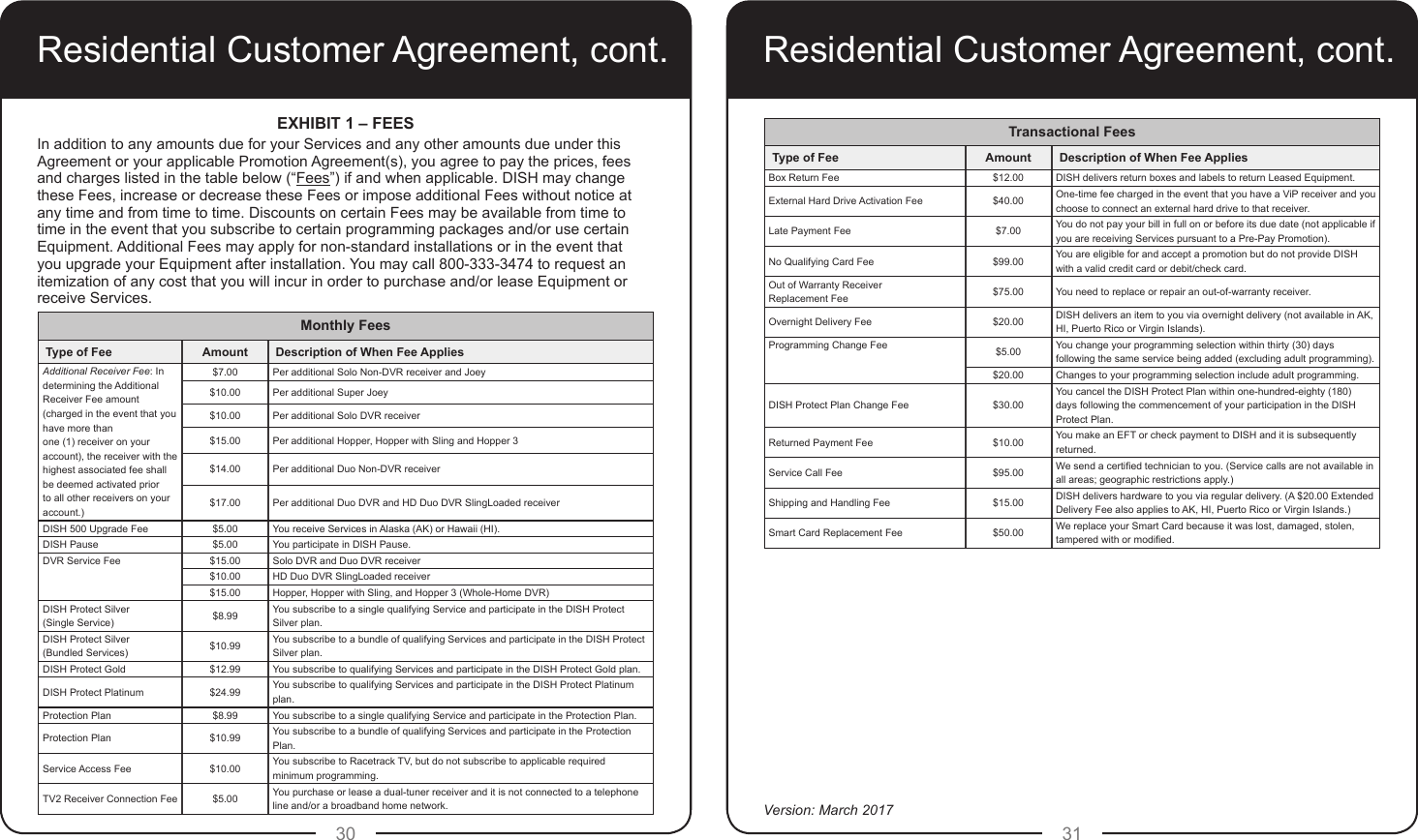 30 31Residential Customer Agreement, cont. Residential Customer Agreement, cont.Transactional FeesType of Fee Amount Description of When Fee AppliesBox Return Fee $12.00 DISH delivers return boxes and labels to return Leased Equipment.External Hard Drive Activation Fee $40.00 One-time fee charged in the event that you have a ViP receiver and you choose to connect an external hard drive to that receiver.Late Payment Fee $7.00 You do not pay your bill in full on or before its due date (not applicable if you are receiving Services pursuant to a Pre-Pay Promotion).No Qualifying Card Fee $99.00 You are eligible for and accept a promotion but do not provide DISH with a valid credit card or debit/check card.Out of Warranty Receiver  Replacement Fee $75.00 You need to replace or repair an out-of-warranty receiver.Overnight Delivery Fee $20.00 DISH delivers an item to you via overnight delivery (not available in AK, HI, Puerto Rico or Virgin Islands).Programming Change Fee $5.00 You change your programming selection within thirty (30) days following the same service being added (excluding adult programming).$20.00 Changes to your programming selection include adult programming.DISH Protect Plan Change Fee $30.00You cancel the DISH Protect Plan within one-hundred-eighty (180) days following the commencement of your participation in the DISH Protect Plan.Returned Payment Fee $10.00 You make an EFT or check payment to DISH and it is subsequently returned.Service Call Fee $95.00 We send a certied technician to you. (Service calls are not available in all areas; geographic restrictions apply.)Shipping and Handling Fee $15.00 DISH delivers hardware to you via regular delivery. (A $20.00 Extended Delivery Fee also applies to AK, HI, Puerto Rico or Virgin Islands.)Smart Card Replacement Fee $50.00 We replace your Smart Card because it was lost, damaged, stolen, tampered with or modied.Version: March 2017EXHIBIT 1 – FEESIn addition to any amounts due for your Services and any other amounts due under this Agreement or your applicable Promotion Agreement(s), you agree to pay the prices, fees and charges listed in the table below (“Fees”) if and when applicable. DISH may change these Fees, increase or decrease these Fees or impose additional Fees without notice at any time and from time to time. Discounts on certain Fees may be available from time to time in the event that you subscribe to certain programming packages and/or use certain Equipment. Additional Fees may apply for non-standard installations or in the event that you upgrade your Equipment after installation. You may call 800-333-3474 to request an itemization of any cost that you will incur in order to purchase and/or lease Equipment or receive Services.Monthly FeesType of Fee Amount Description of When Fee AppliesAdditional Receiver Fee: In determining the Additional Receiver Fee amount (charged in the event that you have more than  one (1) receiver on your account), the receiver with the highest associated fee shall be deemed activated prior to all other receivers on your account.)$7.00 Per additional Solo Non-DVR receiver and Joey$10.00 Per additional Super Joey$10.00 Per additional Solo DVR receiver$15.00  Per additional Hopper, Hopper with Sling and Hopper 3$14.00 Per additional Duo Non-DVR receiver$17.00 Per additional Duo DVR and HD Duo DVR SlingLoaded receiverDISH 500 Upgrade Fee $5.00 You receive Services in Alaska (AK) or Hawaii (HI).DISH Pause $5.00 You participate in DISH Pause.DVR Service Fee $15.00 Solo DVR and Duo DVR receiver$10.00 HD Duo DVR SlingLoaded receiver$15.00 Hopper, Hopper with Sling, and Hopper 3 (Whole-Home DVR)DISH Protect Silver (Single Service) $8.99 You subscribe to a single qualifying Service and participate in the DISH Protect Silver plan.DISH Protect Silver (Bundled Services) $10.99 You subscribe to a bundle of qualifying Services and participate in the DISH Protect Silver plan.DISH Protect Gold $12.99 You subscribe to qualifying Services and participate in the DISH Protect Gold plan.DISH Protect Platinum $24.99 You subscribe to qualifying Services and participate in the DISH Protect Platinum plan.Protection Plan $8.99 You subscribe to a single qualifying Service and participate in the Protection Plan.Protection Plan $10.99 You subscribe to a bundle of qualifying Services and participate in the Protection Plan.Service Access Fee $10.00 You subscribe to Racetrack TV, but do not subscribe to applicable required minimum programming.TV2 Receiver Connection Fee $5.00 You purchase or lease a dual-tuner receiver and it is not connected to a telephone line and/or a broadband home network.