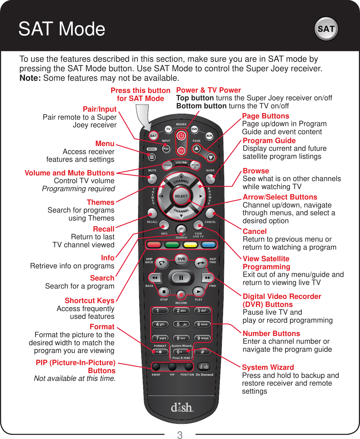 3To use the features described in this section, make sure you are in SAT mode by pressing the SAT Mode button. Use SAT Mode to control the Super Joey receiver.Note: Some features may not be available.SAT ModePower &amp; TV PowerTop button turns the Super Joey receiver on/offBottom button turns the TV on/offVolume and Mute ButtonsControl TV volumeProgramming requiredRecallReturn to last TV channel viewedPIP (Picture-In-Picture) ButtonsNot available at this time.Number ButtonsEnter a channel number or navigate the program guideMenuAccess receiverfeatures and settingsThemesSearch for programs using ThemesInfoRetrieve info on programsSearchSearch for a programShortcut KeysAccess frequently used featuresDigital Video Recorder (DVR) ButtonsPause live TV and play or record programmingFormatFormat the picture to the desired width to match the program you are viewingSystem WizardPress and hold to backup and restore receiver and remotesettingsArrow/Select ButtonsChannel up/down, navigate through menus, and select a desired optionView SatelliteProgrammingExit out of any menu/guide and return to viewing live TVCancelReturn to previous menu or return to watching a programBrowseSee what is on other channels while watching TVProgram GuideDisplay current and future satellite program listingsPage ButtonsPage up/down in Program Guide and event contentPress this button for SAT ModePair/InputPair remote to a Super Joey receiver
