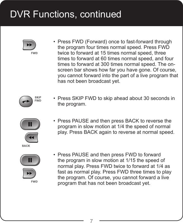 7•   Press FWD (Forward) once to fast-forward through the program four times normal speed. Press FWD twice to forward at 15 times normal speed, three times to forward at 60 times normal speed, and four times to forward at 300 times normal speed. The on-screen bar shows how far you have gone. Of course, you cannot forward into the part of a live program that has not been broadcast yet.•   Press SKIP FWD to skip ahead about 30 seconds in the program.  •   Press PAUSE and then press BACK to reverse the program in slow motion at 1/4 the speed of normal play. Press BACK again to reverse at normal speed.   •   Press PAUSE and then press FWD to forward the program in slow motion at 1/15 the speed of normal play. Press FWD twice to forward at 1/4 as fast as normal play. Press FWD three times to play the program. Of course, you cannot forward a live program that has not been broadcast yet.  DVR Functions, continued