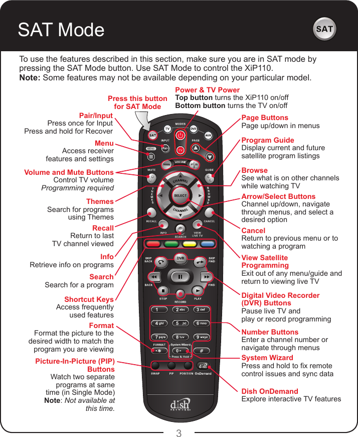 3To use the features described in this section, make sure you are in SAT mode by pressing the SAT Mode button. Use SAT Mode to control the XiP110.Note: Some features may not be available depending on your particular model.SAT ModePower &amp; TV PowerTop button turns the XiP110 on/offBottom button turns the TV on/offVolume and Mute ButtonsControl TV volumeProgramming requiredRecallReturn to last TV channel viewedPicture-In-Picture (PIP) ButtonsWatch two separate programs at same time (in Single Mode)Note: Not available at this time.Number ButtonsEnter a channel number or navigate through menusMenuAccess receiverfeatures and settingsPair/InputPress once for InputPress and hold for RecoverThemesSearch for programs using ThemesInfoRetrieve info on programsSearchSearch for a programShortcut KeysAccess frequently used featuresDigital Video Recorder (DVR) ButtonsPause live TV and play or record programmingFormatFormat the picture to the desired width to match the program you are viewingSystem WizardPress and hold to x remote control issues and sync dataDish OnDemandExplore interactive TV featuresArrow/Select ButtonsChannel up/down, navigate through menus, and select a desired optionView SatelliteProgrammingExit out of any menu/guide and return to viewing live TVCancelReturn to previous menu or to watching a programBrowseSee what is on other channels while watching TVProgram GuideDisplay current and future satellite program listingsPage ButtonsPage up/down in menusPress this button for SAT Mode