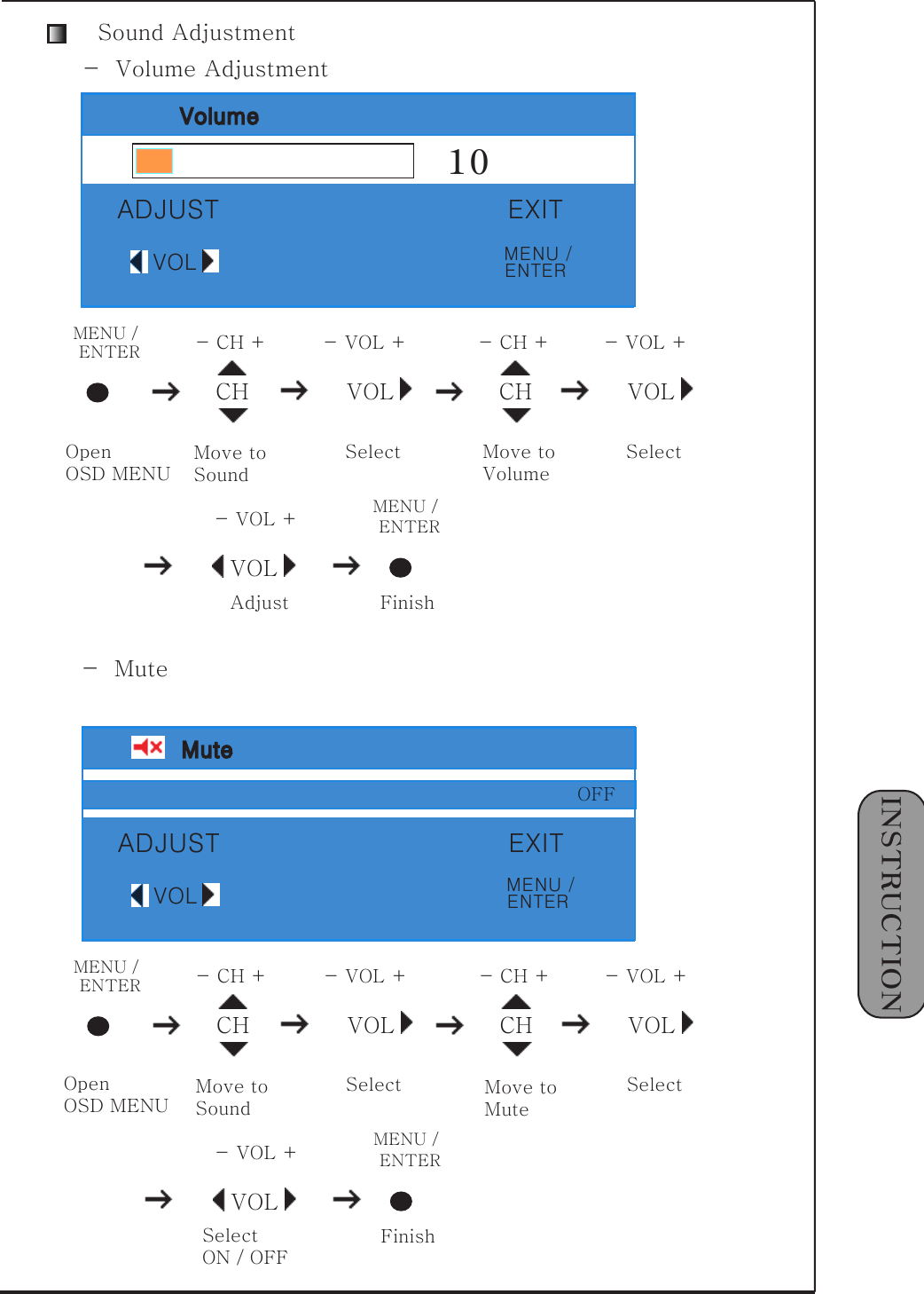 1󰚟INSTRUCTIONVOL-󰚟VOL󰚟+조정MENU󰚟/󰚟종료ENTERSound󰚟AdjustmentVolume10ADJUST EXITVOLCH VOLMENU󰚟/󰚟 -󰚟CH󰚟+ -󰚟VOL󰚟+OpenOSD󰚟MENUMove󰚟toSound󰚟SelectENTERCH-󰚟CH󰚟+Move󰚟toVolumeVOL-󰚟VOL󰚟+SelectVOL-󰚟VOL󰚟+AdjustMENU󰚟/󰚟FinishENTER-󰚟󰚟MuteMuteADJUST EXITVOLCH VOLMENU󰚟/󰚟 -󰚟CH󰚟+ -󰚟VOL󰚟+OpenOSD󰚟MENUMove󰚟toSound󰚟SelectENTERCH-󰚟CH󰚟+Move󰚟toMuteVOL-󰚟VOL󰚟+SelectVOL-󰚟VOL󰚟+SelectON󰚟/󰚟OFF󰚟MENU󰚟/󰚟FinishENTER-󰚟󰚟Volume󰚟AdjustmentOFFMENU󰚟/ENTERMENU󰚟/ENTER