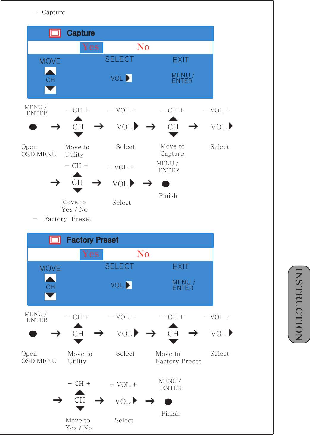 1󰚟INSTRUCTIONVOL-󰚟VOL󰚟+조정MENU󰚟/󰚟종료ENTERCaptureCH VOLMENU󰚟/󰚟 -󰚟CH󰚟+ -󰚟VOL󰚟+OpenOSD󰚟MENUMove󰚟toUtilitySelectENTERCH-󰚟CH󰚟+Move󰚟toCaptureVOL-󰚟VOL󰚟+Select-󰚟󰚟CaptureYes󰚟󰚟󰚟󰚟󰚟󰚟󰚟󰚟󰚟󰚟󰚟󰚟󰚟NoCH VOLMENU󰚟/󰚟 -󰚟CH󰚟+ -󰚟VOL󰚟+OpenOSD󰚟MENUMove󰚟toUtilitySelectENTERCH-󰚟CH󰚟+Move󰚟toFactory󰚟PresetVOL-󰚟VOL󰚟+SelectVOL-󰚟VOL󰚟+SelectMENU󰚟/󰚟FinishENTER-󰚟󰚟󰚟Factory󰚟󰚟PresetCH-󰚟CH󰚟+Move󰚟toYes󰚟/󰚟No󰚟MOVECHSELECTVOLEXITVOL-󰚟VOL󰚟+SelectMENU󰚟/󰚟FinishENTERCH-󰚟CH󰚟+Move󰚟toYes󰚟/󰚟No󰚟Factory󰚟PresetYes󰚟󰚟󰚟󰚟󰚟󰚟󰚟󰚟󰚟󰚟󰚟󰚟󰚟NoMOVECHSELECTVOLEXITMENU󰚟/ENTERMENU󰚟/ENTER
