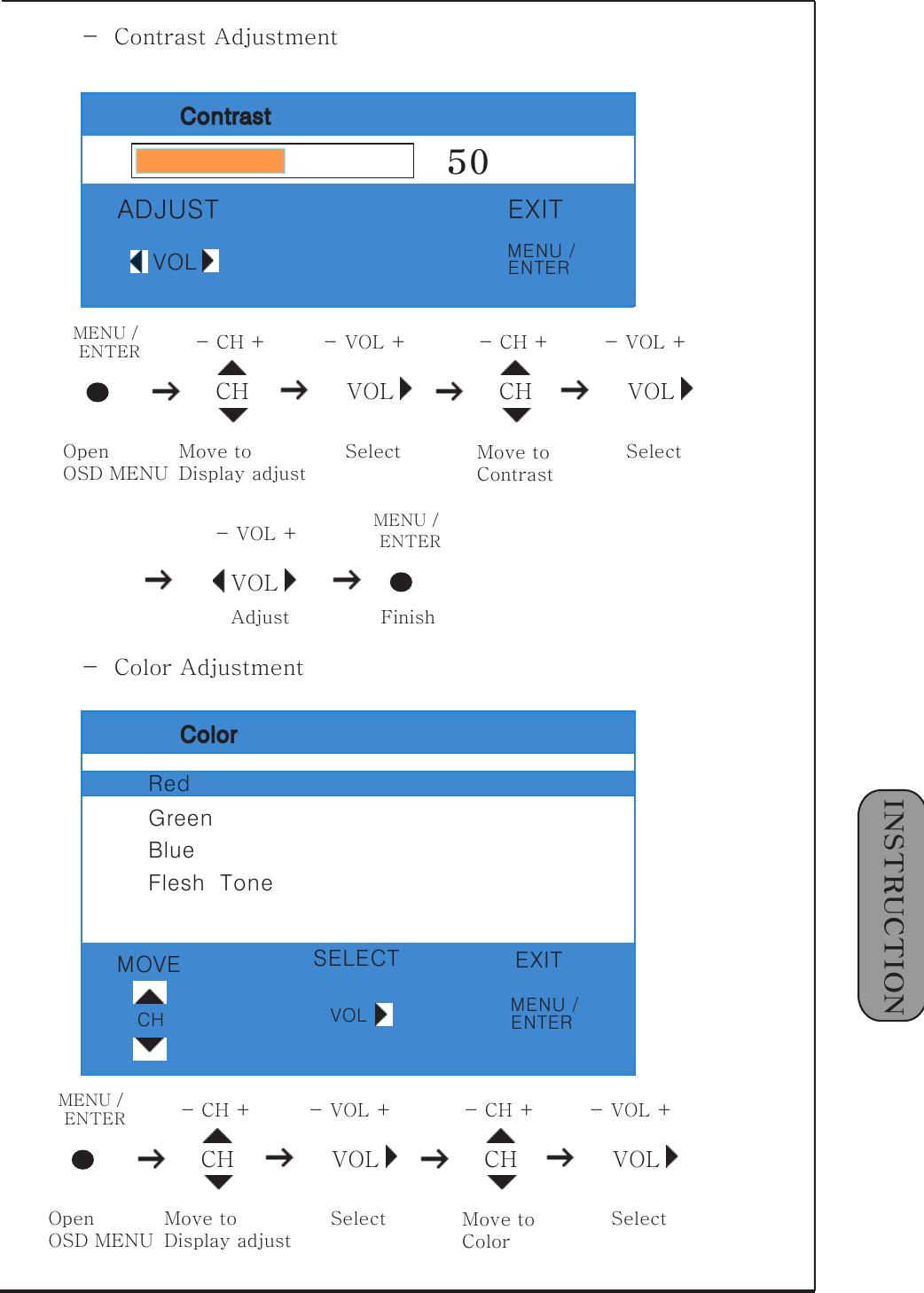 1󰚟INSTRUCTION-󰚟󰚟Color󰚟AdjustmentColorCH VOLMENU󰚟/󰚟 -󰚟CH󰚟+ -󰚟VOL󰚟+OpenOSD󰚟MENUMove󰚟toDisplay󰚟adjust 󰚟SelectENTERCH-󰚟CH󰚟+Move󰚟toColor󰚟VOL-󰚟VOL󰚟+SelectVOL-󰚟VOL󰚟+조정MENU󰚟/󰚟종료ENTER-󰚟󰚟Contrast󰚟AdjustmentContrast50ADJUST EXITVOLCH VOLMENU󰚟/󰚟 -󰚟CH󰚟+ -󰚟VOL󰚟+OpenOSD󰚟MENUMove󰚟toDisplay󰚟adjustSelectENTERCH-󰚟CH󰚟+Move󰚟toContrastVOL-󰚟VOL󰚟+SelectVOL-󰚟VOL󰚟+AdjustMENU󰚟/󰚟FinishENTERRedGreenBlueFlesh󰚟󰚟ToneMOVECHSELECTVOLEXITMENU󰚟/ENTERMENU󰚟/ENTER