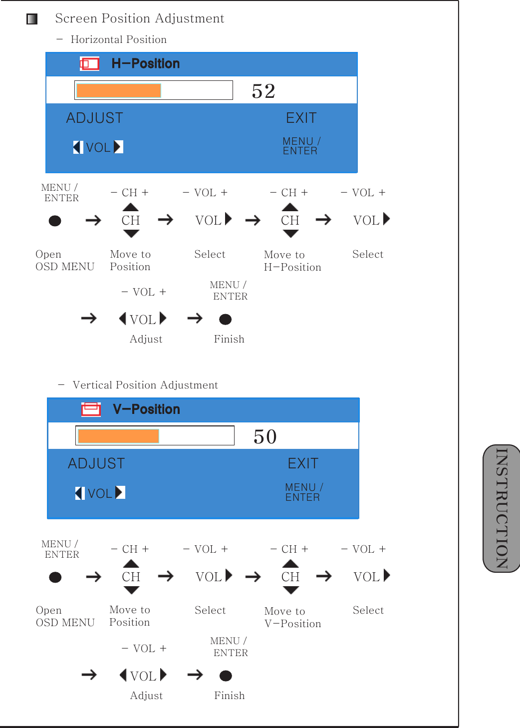 1󰚟INSTRUCTIONVOL-󰚟VOL󰚟+조정MENU󰚟/󰚟종료ENTERScreen󰚟Position󰚟AdjustmentH-Position52ADJUST EXITVOLCH VOLMENU󰚟/󰚟 -󰚟CH󰚟+ -󰚟VOL󰚟+OpenOSD󰚟MENUMove󰚟toPositionSelectENTERCH-󰚟CH󰚟+Move󰚟toH-PositionVOL-󰚟VOL󰚟+SelectVOL-󰚟VOL󰚟+AdjustMENU󰚟/󰚟FinishENTERCH VOLMENU󰚟/󰚟 -󰚟CH󰚟+ -󰚟VOL󰚟+OpenOSD󰚟MENUMove󰚟toPositionSelectENTERCH-󰚟CH󰚟+Move󰚟toV-PositionVOL-󰚟VOL󰚟+SelectVOL-󰚟VOL󰚟+AdjustMENU󰚟/󰚟FinishENTER-󰚟󰚟Horizontal󰚟PositionV-Position50ADJUST EXITVOL-󰚟󰚟Vertical󰚟Position󰚟AdjustmentMENU󰚟/ENTERMENU󰚟/ENTER