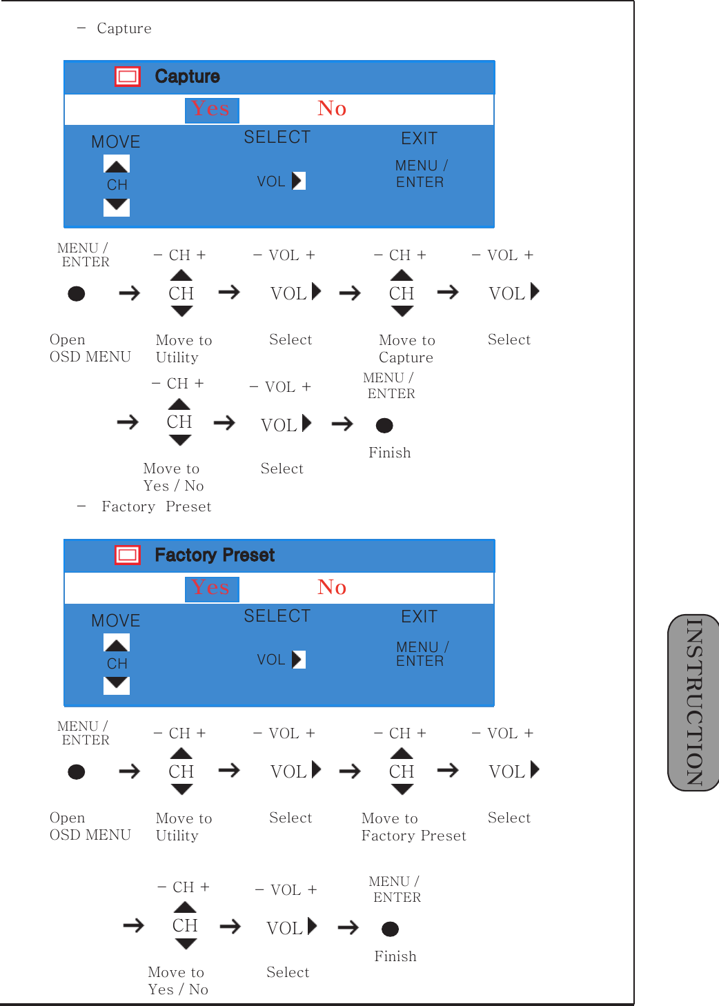 1󰚟INSTRUCTIONVOL-󰚟VOL󰚟+조정MENU󰚟/󰚟종료ENTERCaptureCH VOLMENU󰚟/󰚟 -󰚟CH󰚟+ -󰚟VOL󰚟+OpenOSD󰚟MENUMove󰚟toUtilitySelectENTERCH-󰚟CH󰚟+Move󰚟toCaptureVOL-󰚟VOL󰚟+Select-󰚟󰚟CaptureYes󰚟󰚟󰚟󰚟󰚟󰚟󰚟󰚟󰚟󰚟󰚟󰚟󰚟NoCH VOLMENU󰚟/󰚟 -󰚟CH󰚟+ -󰚟VOL󰚟+Move󰚟toUtilitySelectENTERCH-󰚟CH󰚟+Move󰚟toFactory󰚟PresetVOL-󰚟VOL󰚟+SelectVOL-󰚟VOL󰚟+SelectMENU󰚟/󰚟FinishENTER-󰚟󰚟󰚟Factory󰚟󰚟PresetCH-󰚟CH󰚟+Move󰚟toYes󰚟/󰚟No󰚟MOVECHSELECTVOLEXITENTERVOL-󰚟VOL󰚟+SelectMENU󰚟/󰚟FinishENTERCH-󰚟CH󰚟+Move󰚟toYes󰚟/󰚟No󰚟Factory󰚟PresetYes󰚟󰚟󰚟󰚟󰚟󰚟󰚟󰚟󰚟󰚟󰚟󰚟󰚟NoMOVECHSELECTVOLEXITENTERMENU󰚟/MENU󰚟/OpenOSD󰚟MENU
