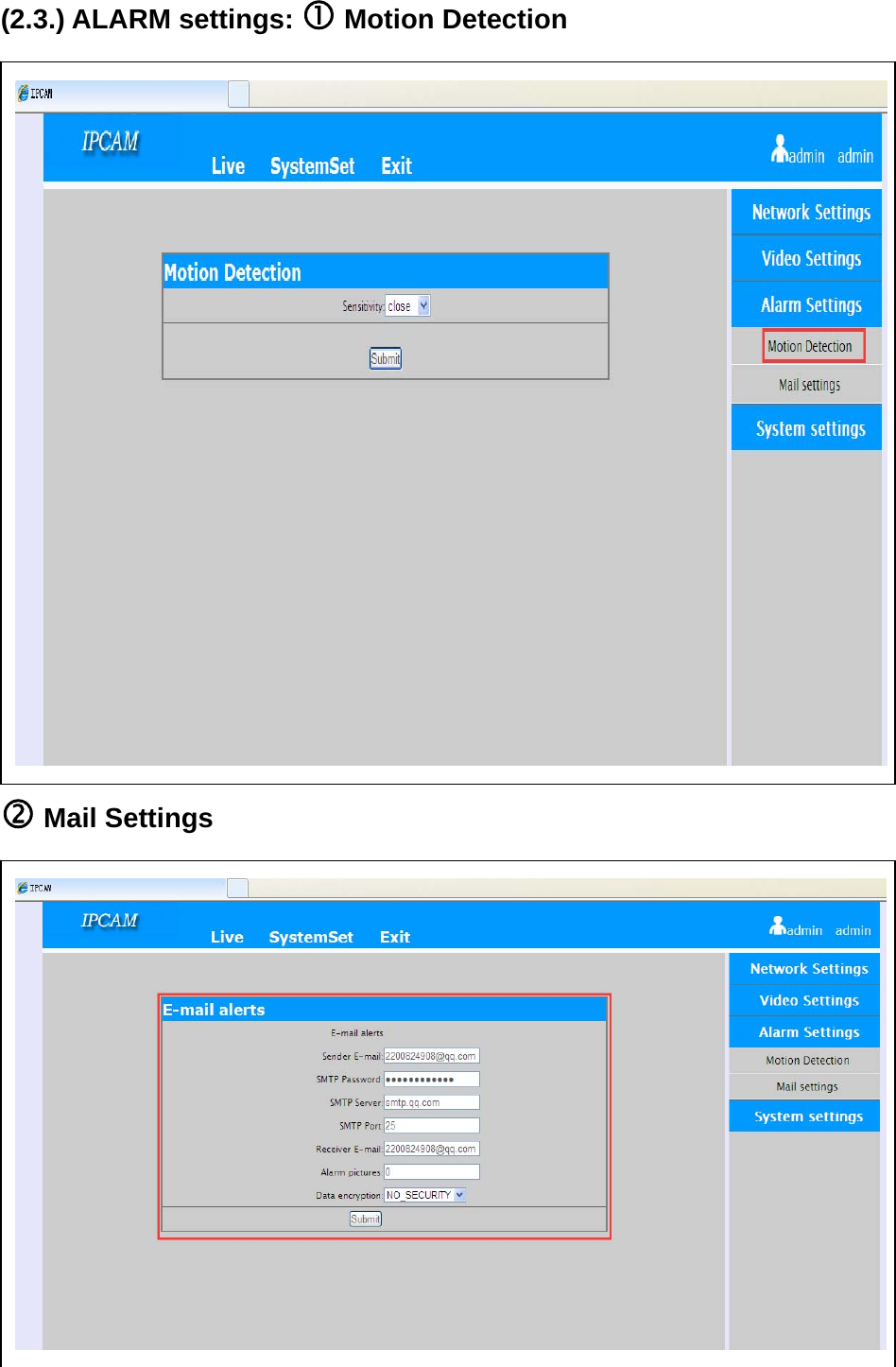 (2.3.) ALARM settings:  Motion Detection              Mail Settings          