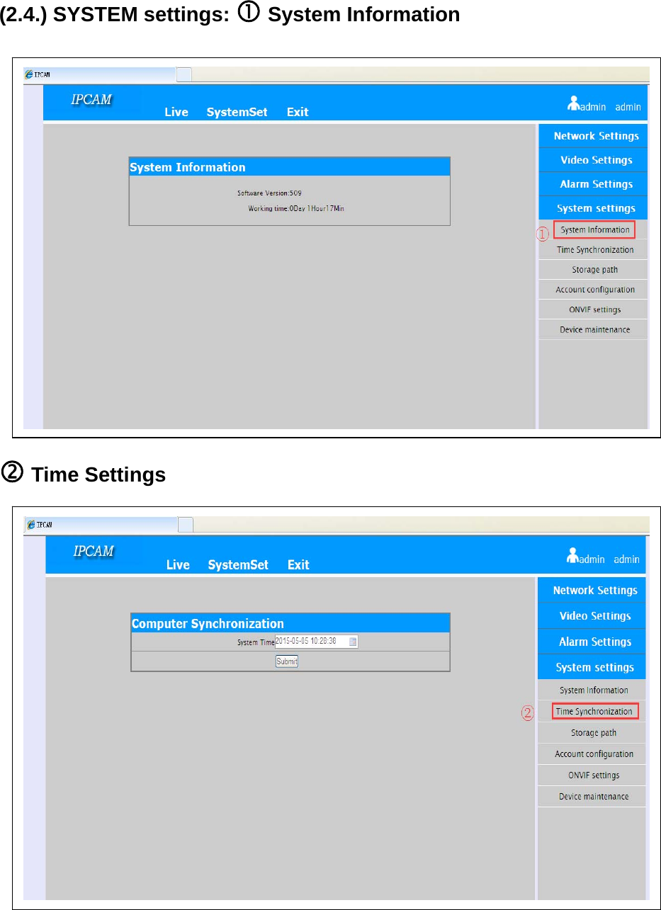 (2.4.) SYSTEM settings:  System Information           Time Settings             