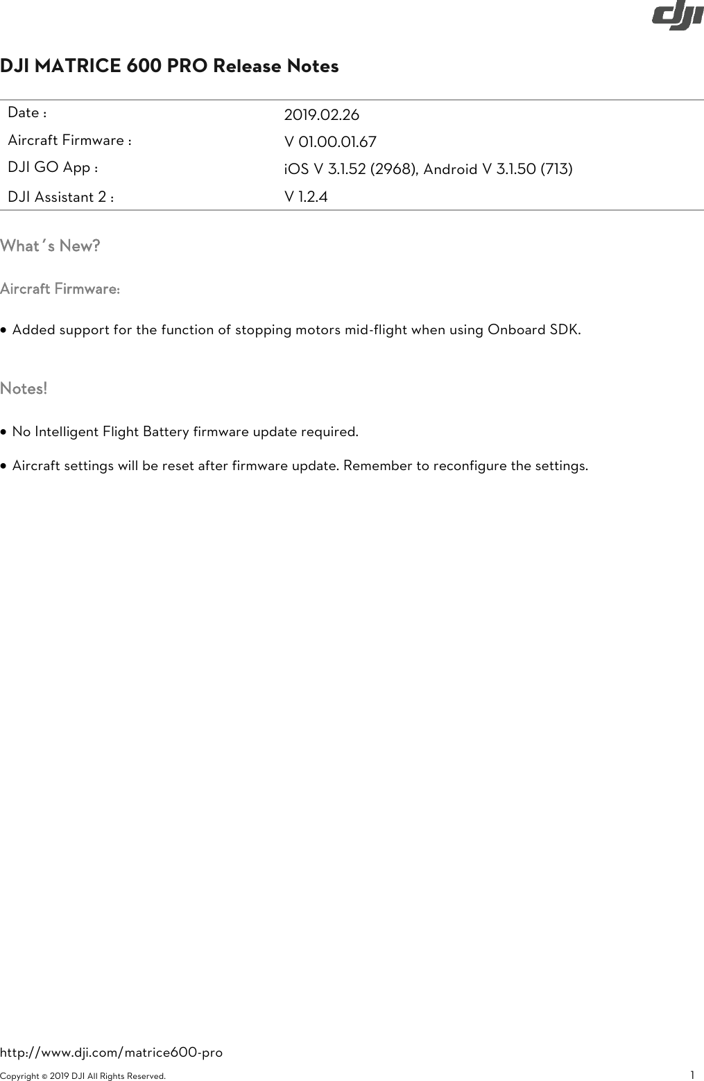 Page 1 of 9 - DJI Matrice 600 Pro Specs, FAQ, Tutorials And S - User Manual M600 Release Notes En 20190226